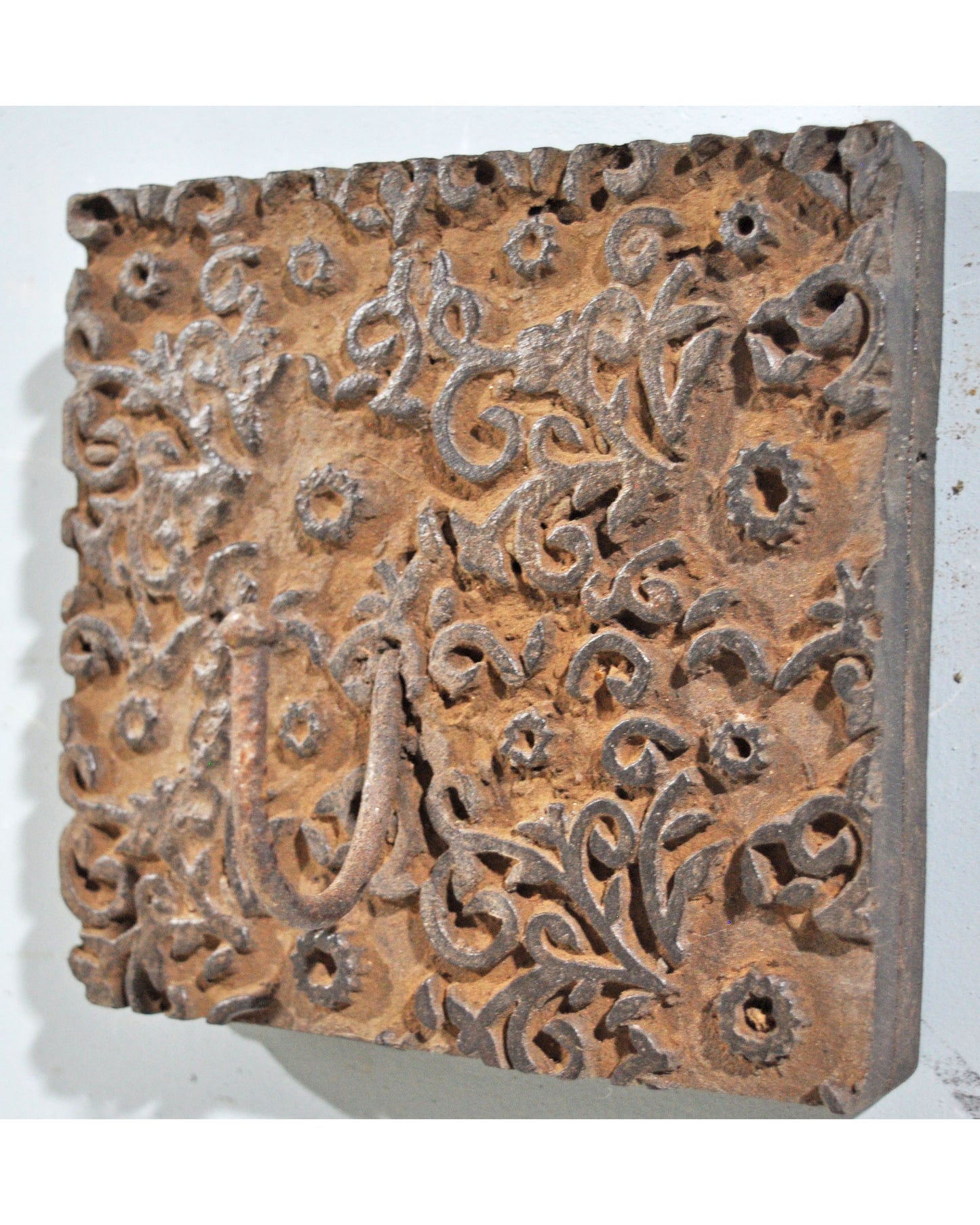Antique Wooden Textile Printing Block Hook Hanger Original Old Hand Carved