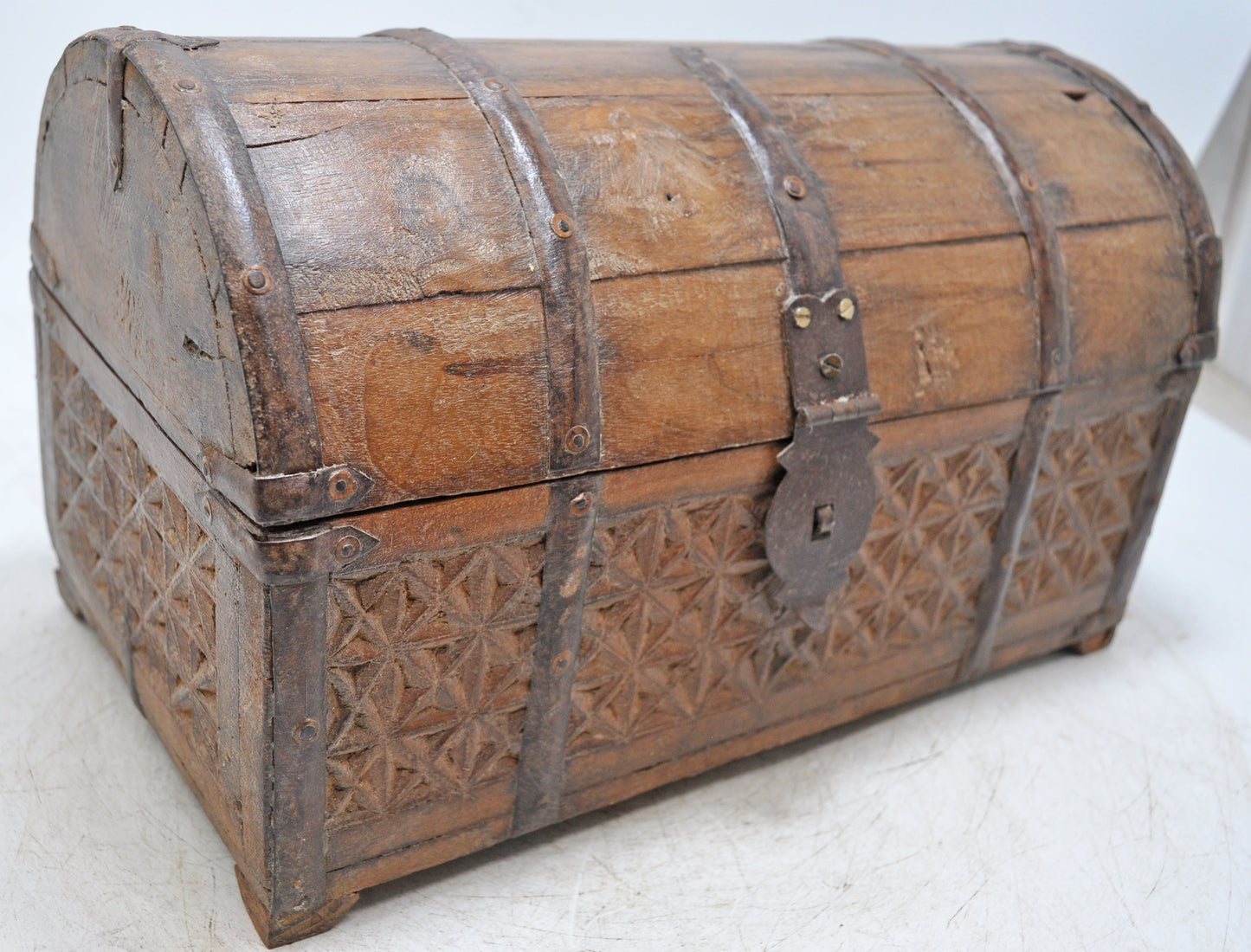 Vintage Wooden Half Round Top Storage Chest Box Original Old Hand Carved