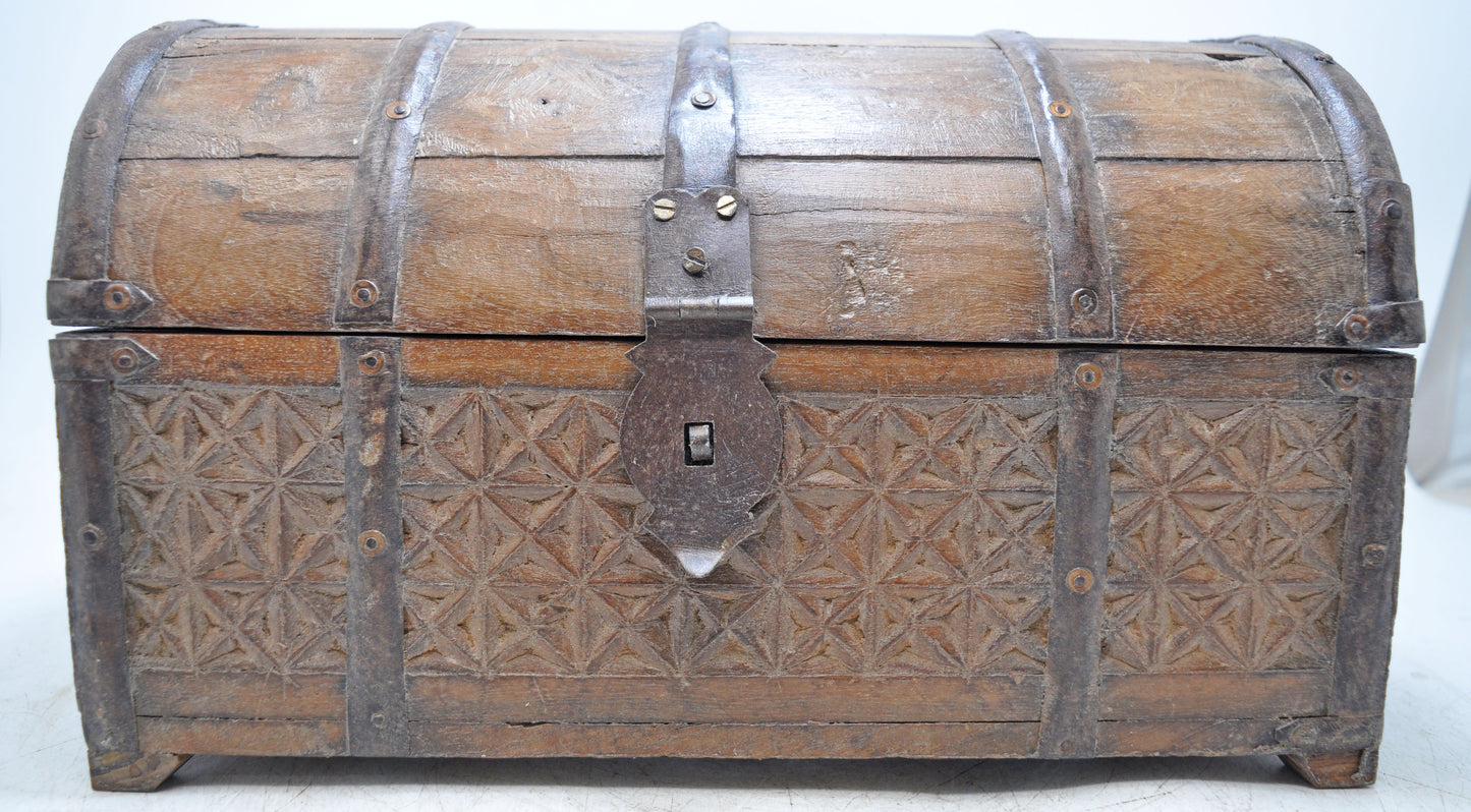 Vintage Wooden Half Round Top Storage Chest Box Original Old Hand Carved