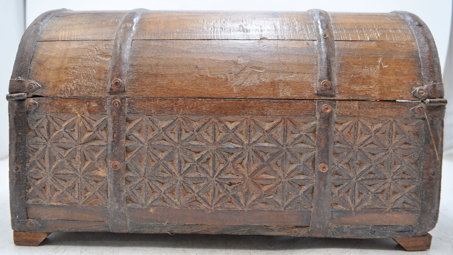 Vintage Wooden Half Round Top Storage Chest Box Original Old Hand Carved