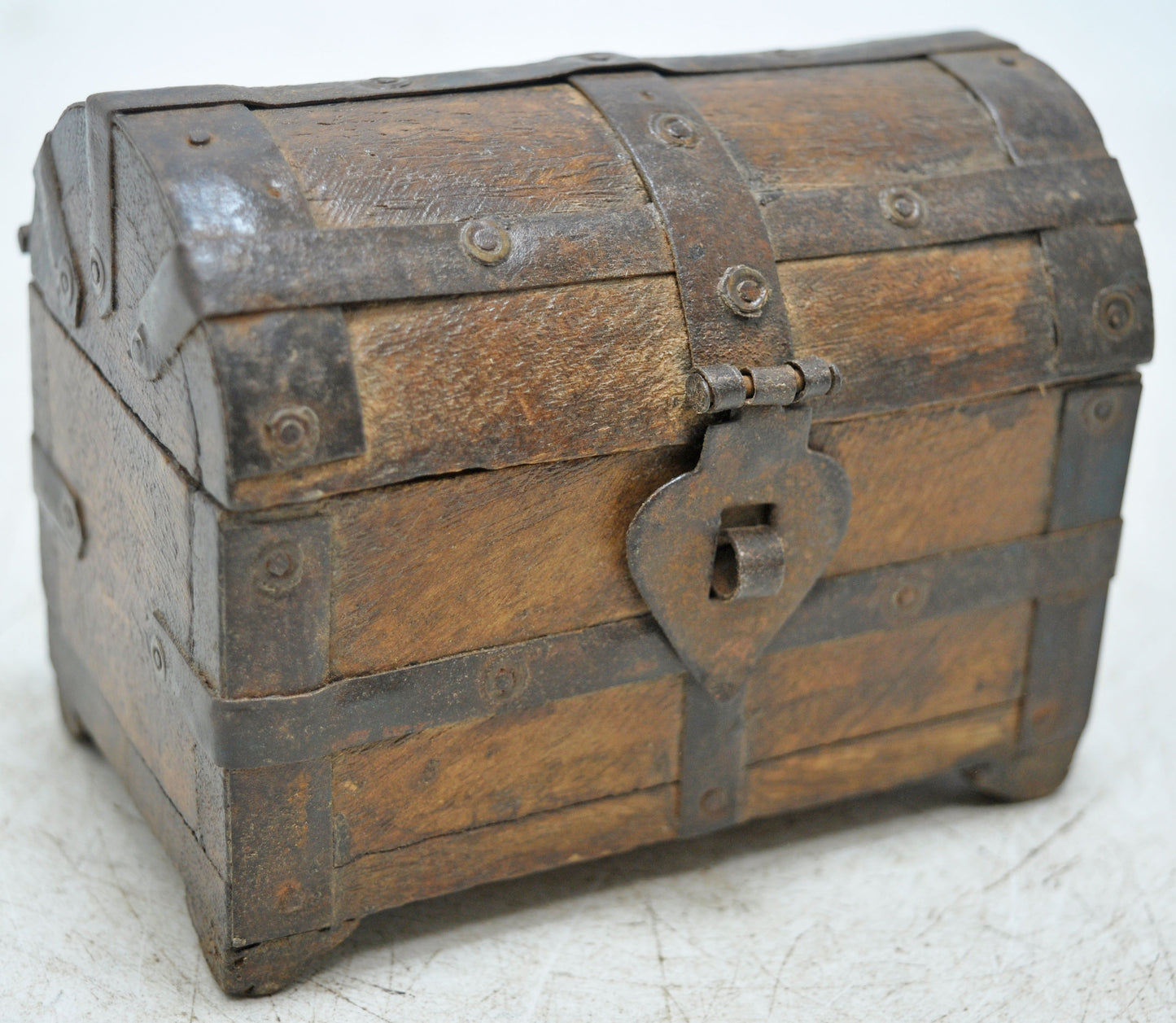 Vintage Wooden Half Round Top Storage Box Original Old Hand Crafted Metal Fitted