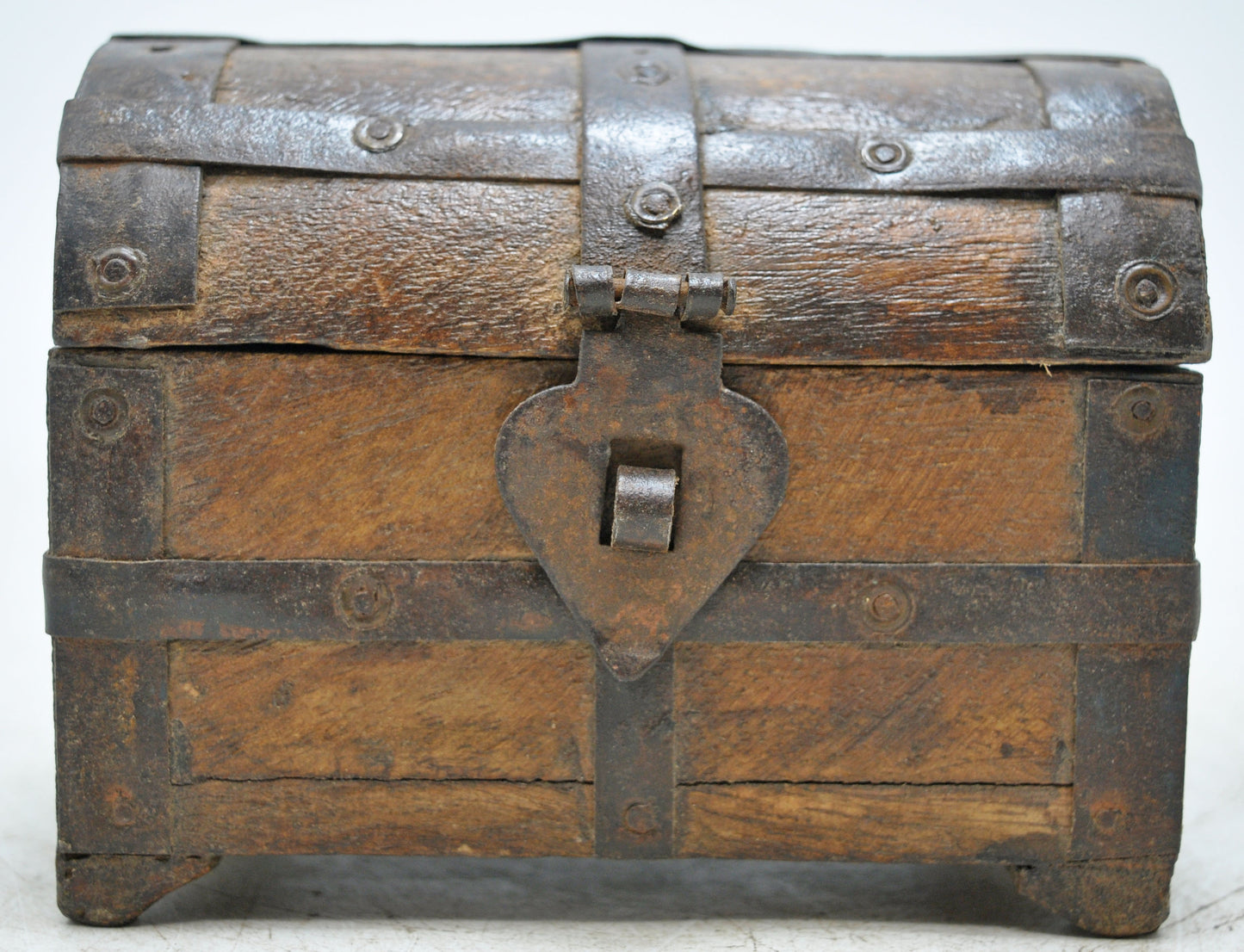 Vintage Wooden Half Round Top Storage Box Original Old Hand Crafted Metal Fitted