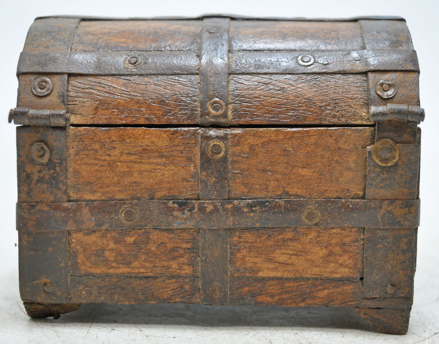 Vintage Wooden Half Round Top Storage Box Original Old Hand Crafted Metal Fitted