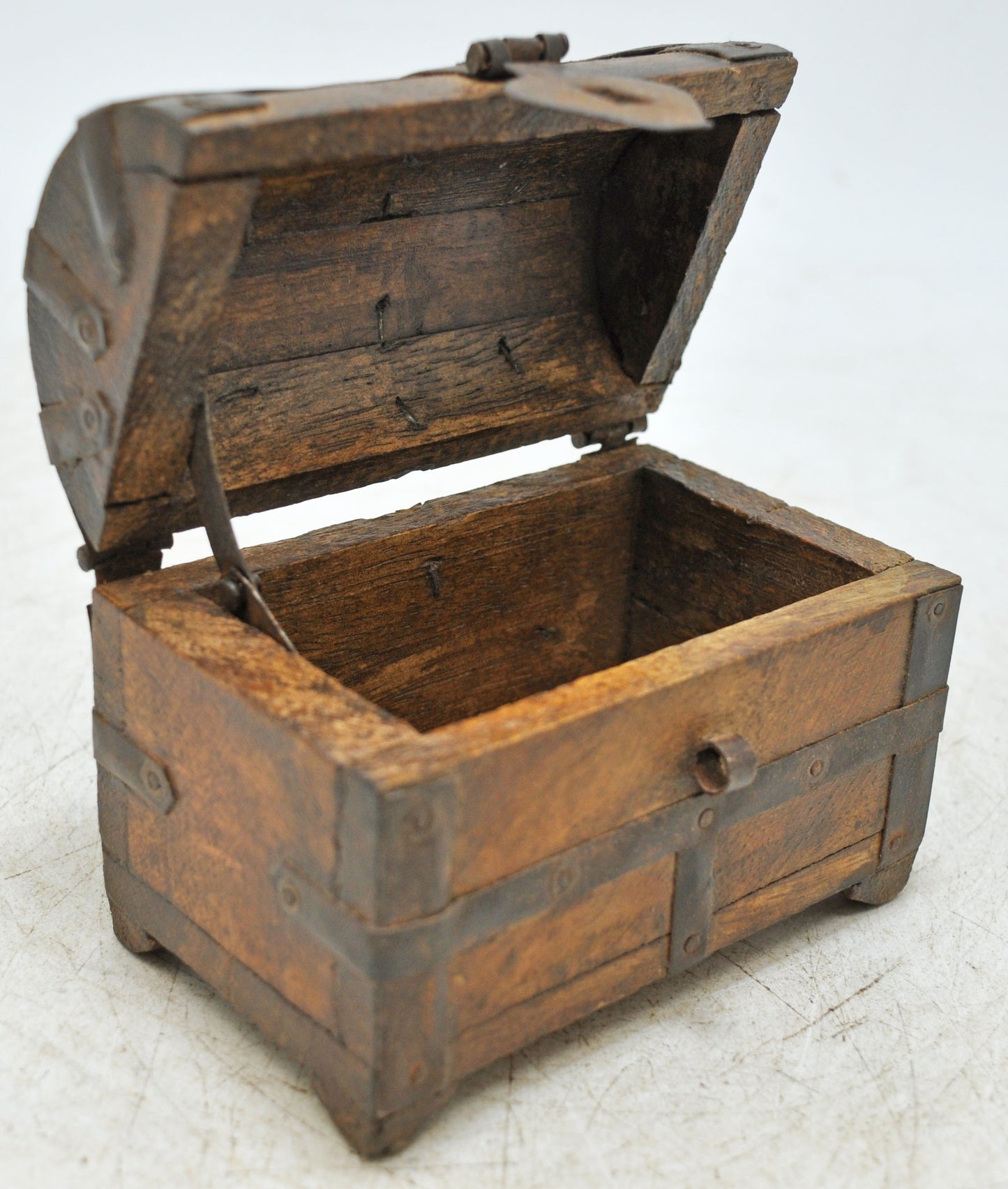 Vintage Wooden Half Round Top Storage Box Original Old Hand Crafted Metal Fitted