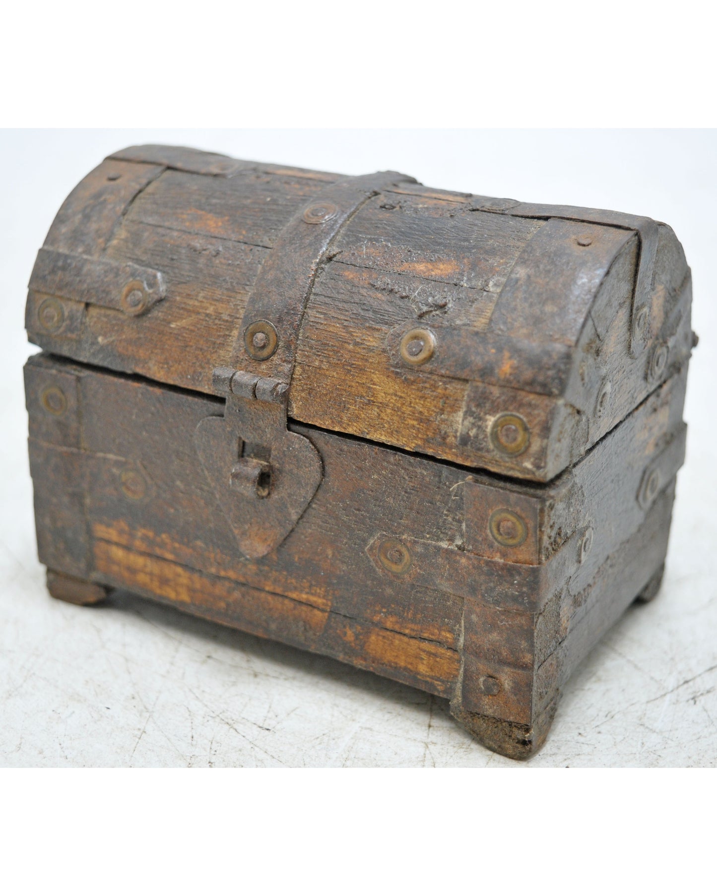 Vintage Wooden Half Round Top Storage Box Original Old Hand Crafted Metal Fitted
