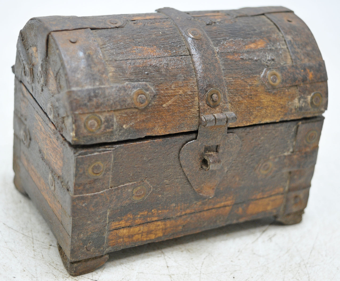 Vintage Wooden Half Round Top Storage Box Original Old Hand Crafted Metal Fitted