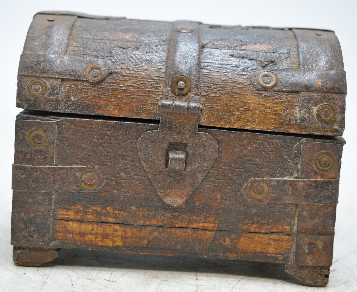 Vintage Wooden Half Round Top Storage Box Original Old Hand Crafted Metal Fitted