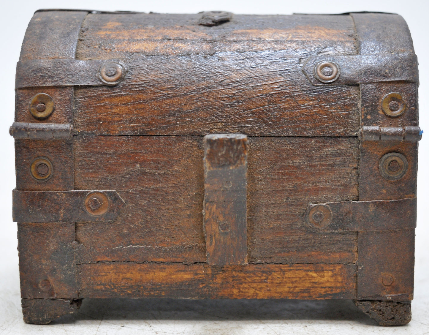 Vintage Wooden Half Round Top Storage Box Original Old Hand Crafted Metal Fitted