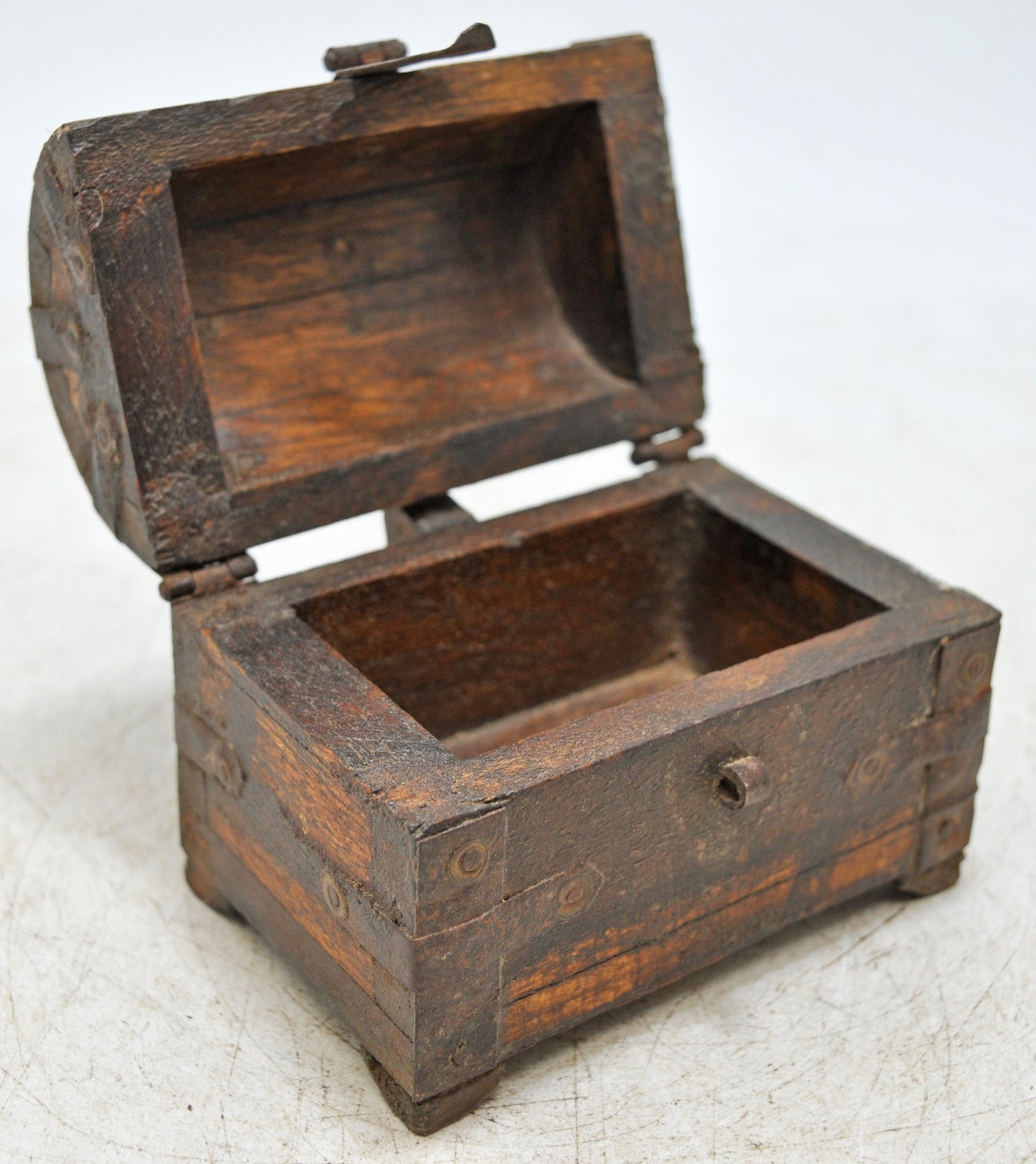 Vintage Wooden Half Round Top Storage Box Original Old Hand Crafted Metal Fitted