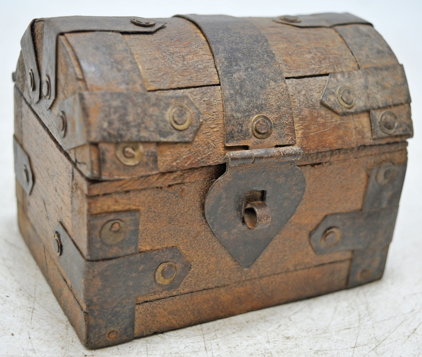 Vintage Wooden Half Round Top Storage Box Original Old Hand Crafted Metal Fitted