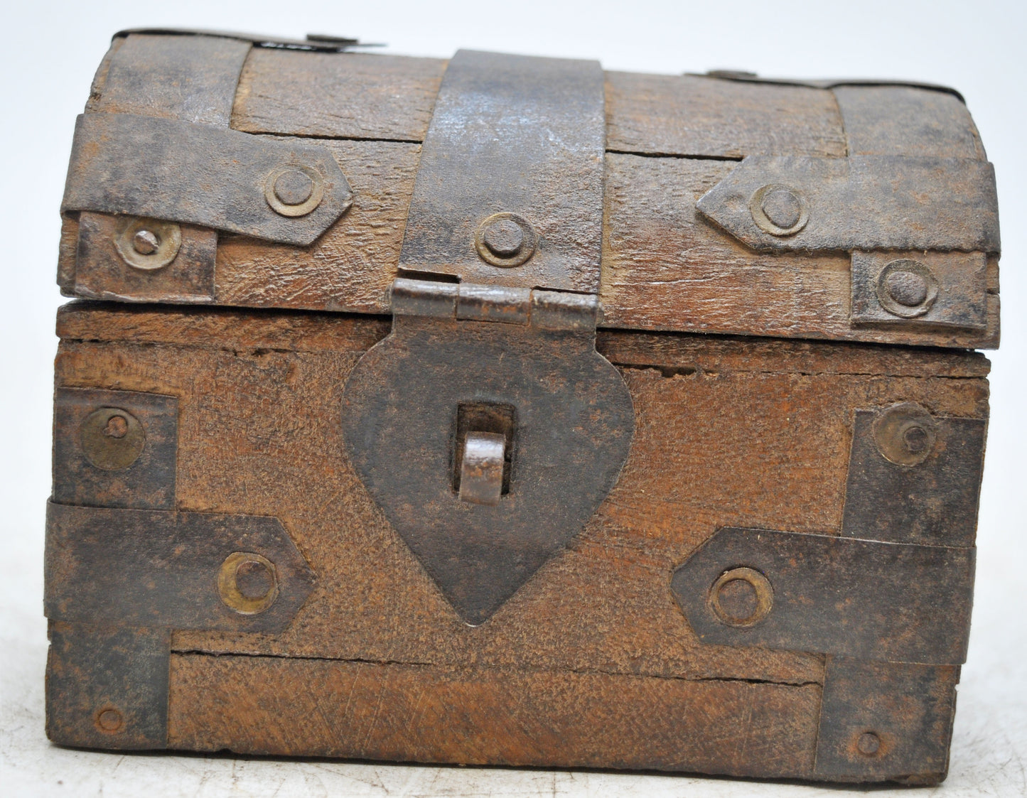Vintage Wooden Half Round Top Storage Box Original Old Hand Crafted Metal Fitted