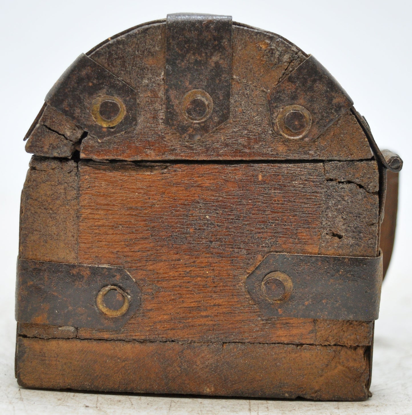 Vintage Wooden Half Round Top Storage Box Original Old Hand Crafted Metal Fitted