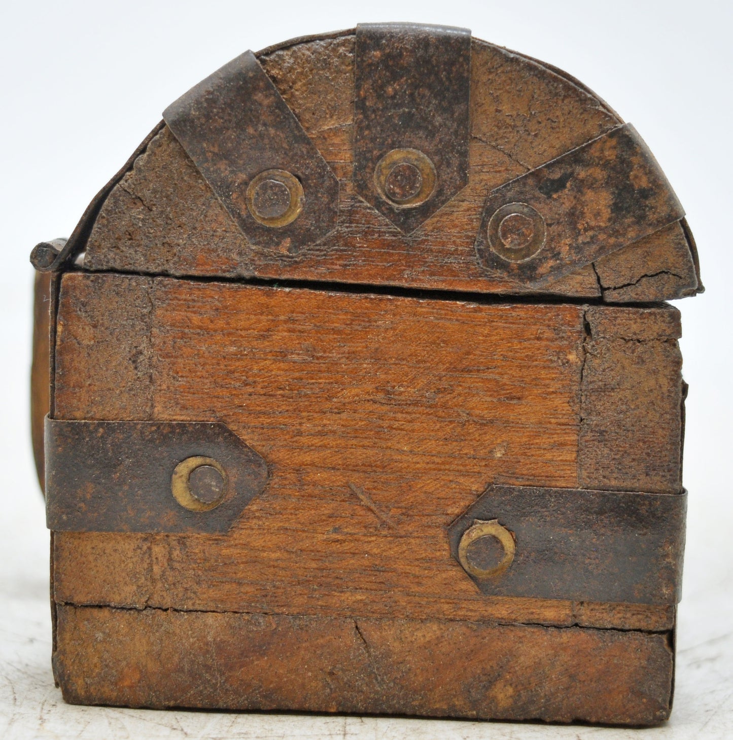 Vintage Wooden Half Round Top Storage Box Original Old Hand Crafted Metal Fitted