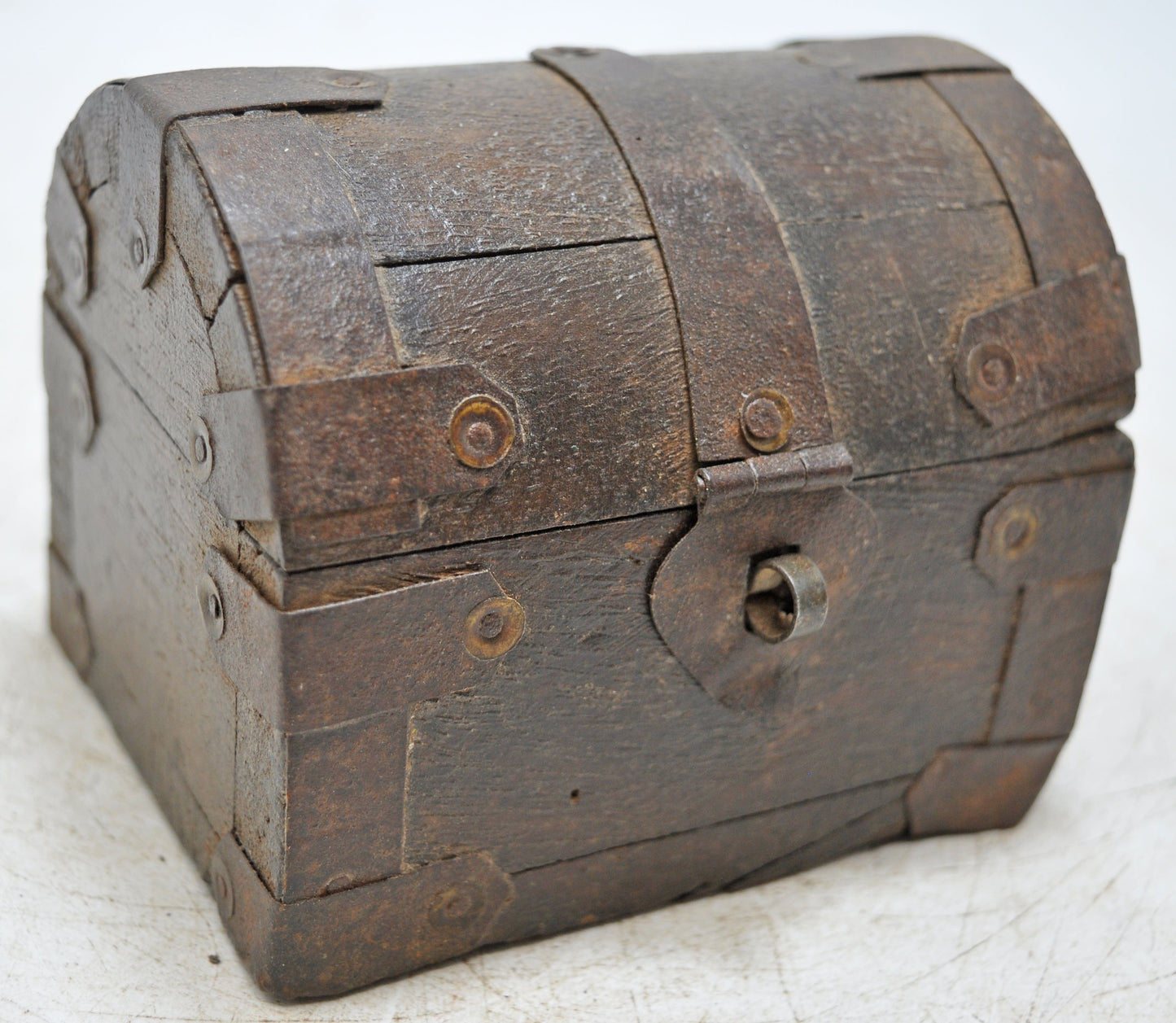 Vintage Wooden Half Round Top Storage Box Original Old Hand Crafted Metal Fitted