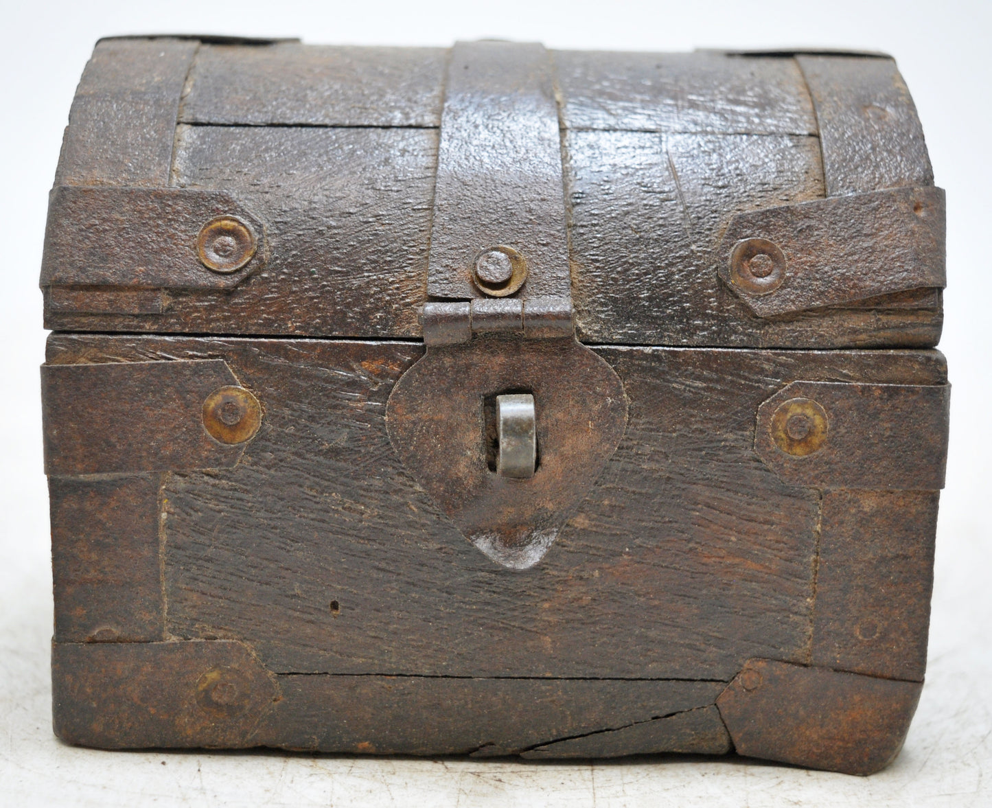 Vintage Wooden Half Round Top Storage Box Original Old Hand Crafted Metal Fitted