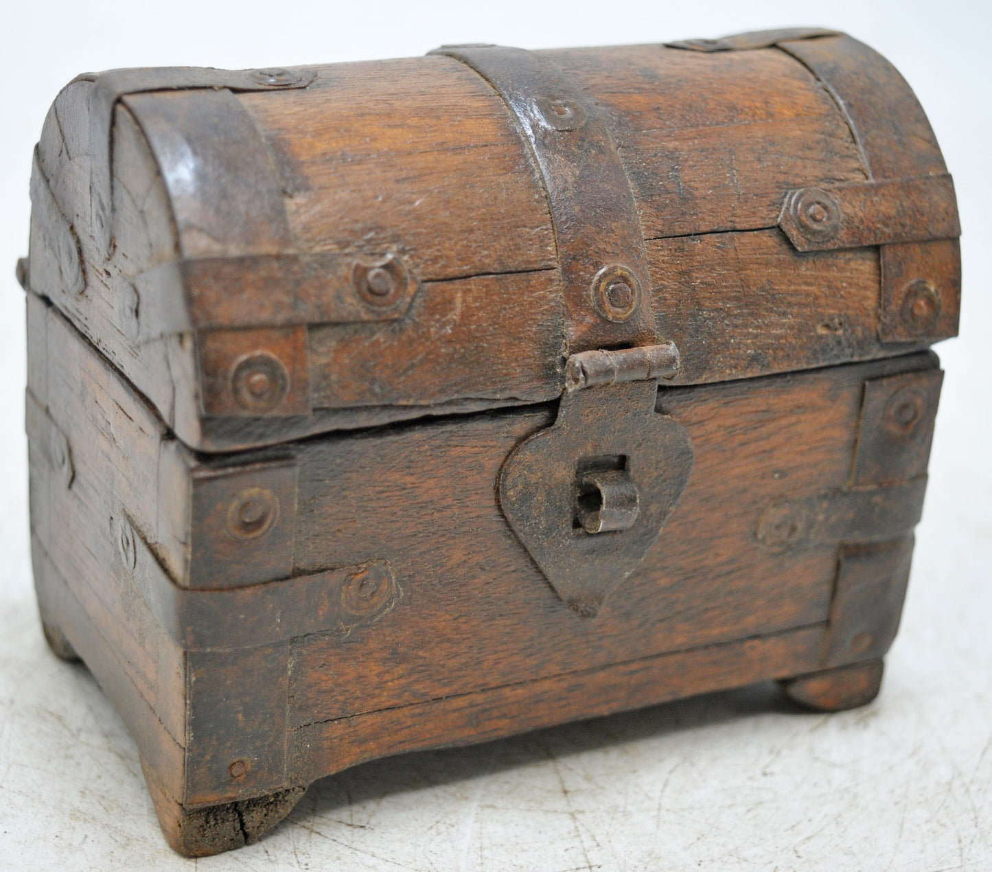 Vintage Wooden Half Round Top Storage Box Original Old Hand Crafted Metal Fitted