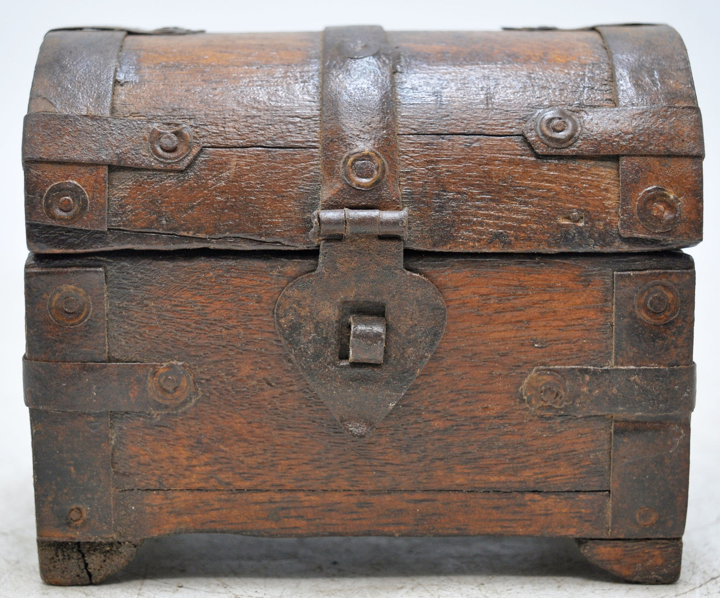 Vintage Wooden Half Round Top Storage Box Original Old Hand Crafted Metal Fitted