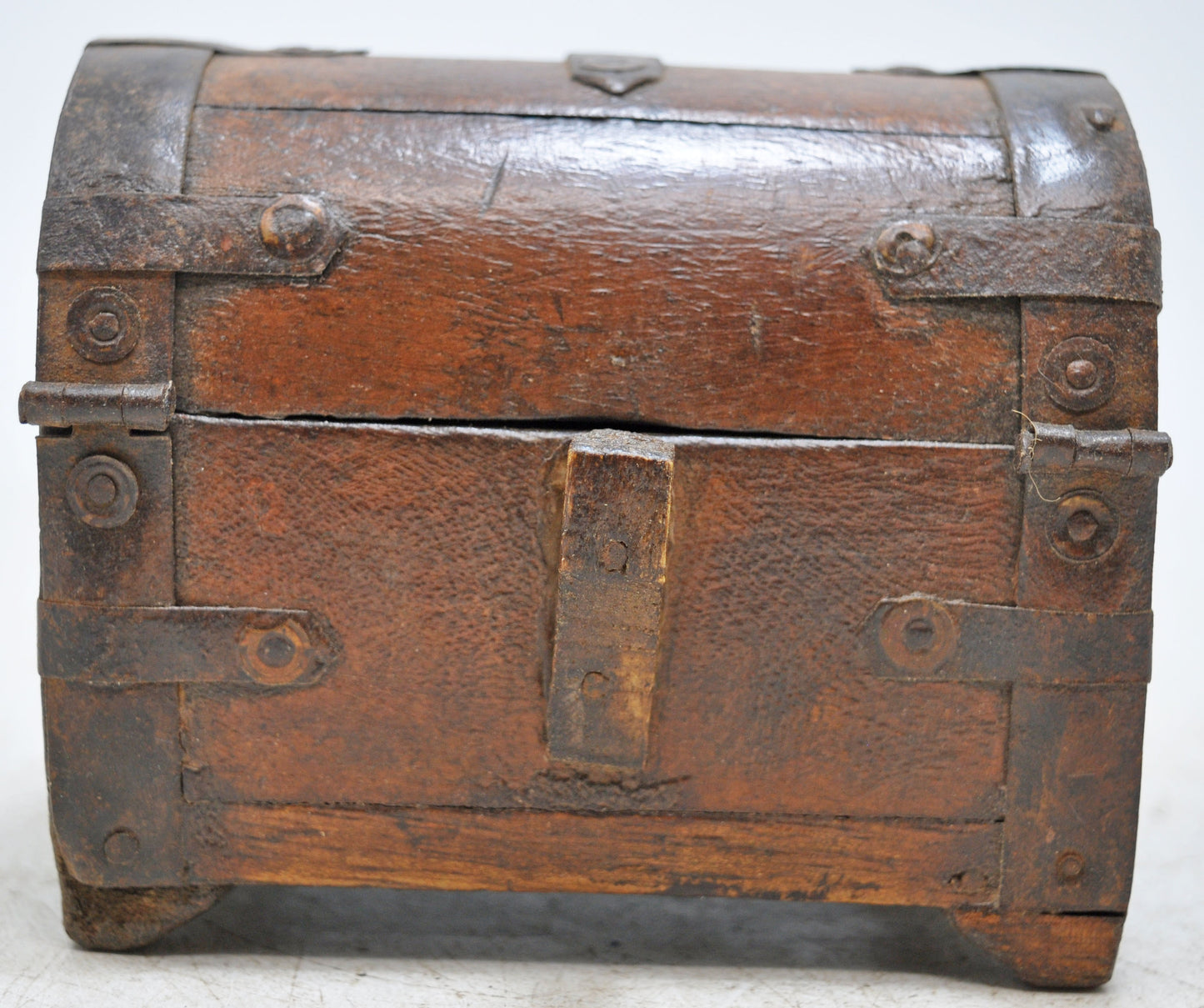 Vintage Wooden Half Round Top Storage Box Original Old Hand Crafted Metal Fitted