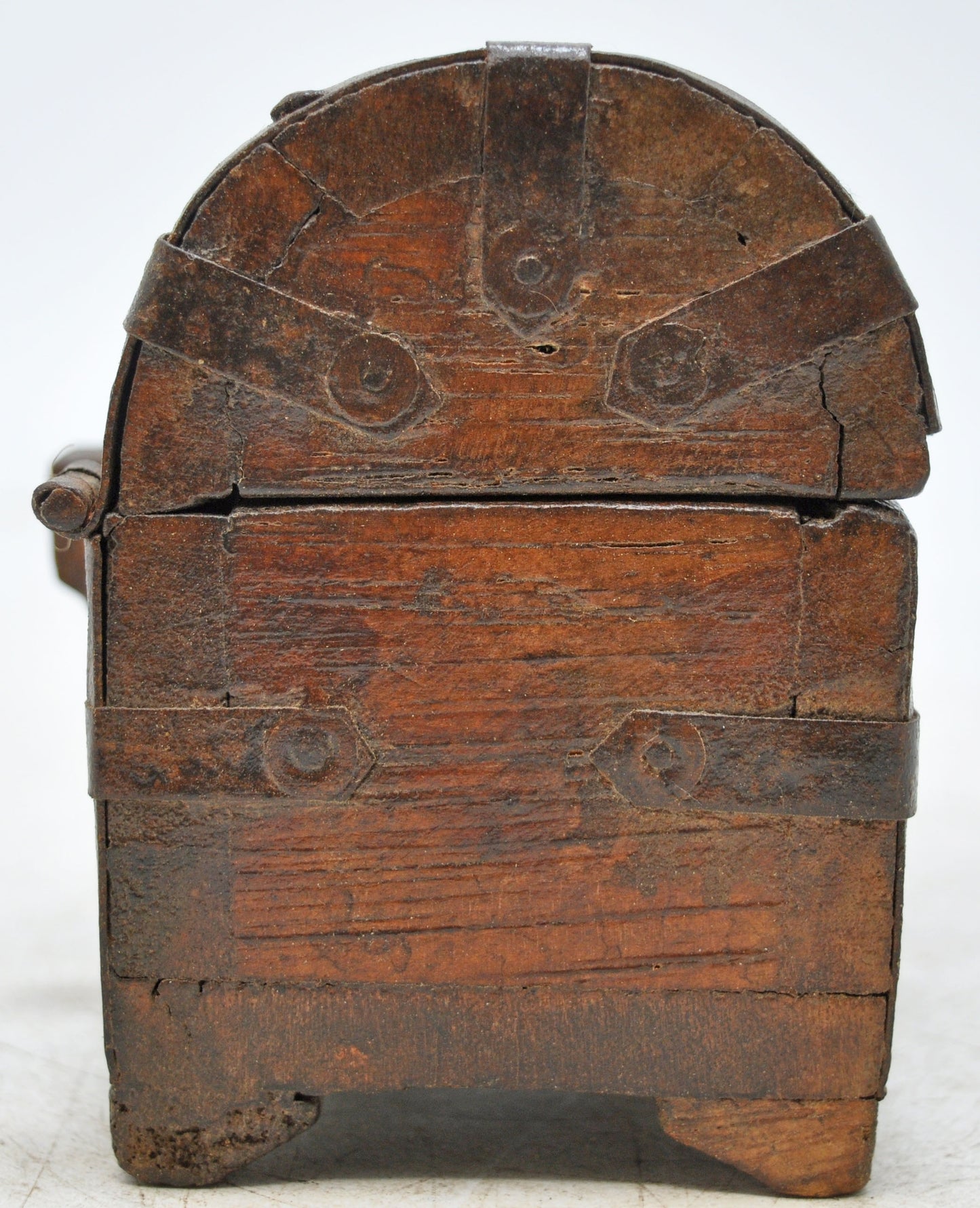 Vintage Wooden Half Round Top Storage Box Original Old Hand Crafted Metal Fitted