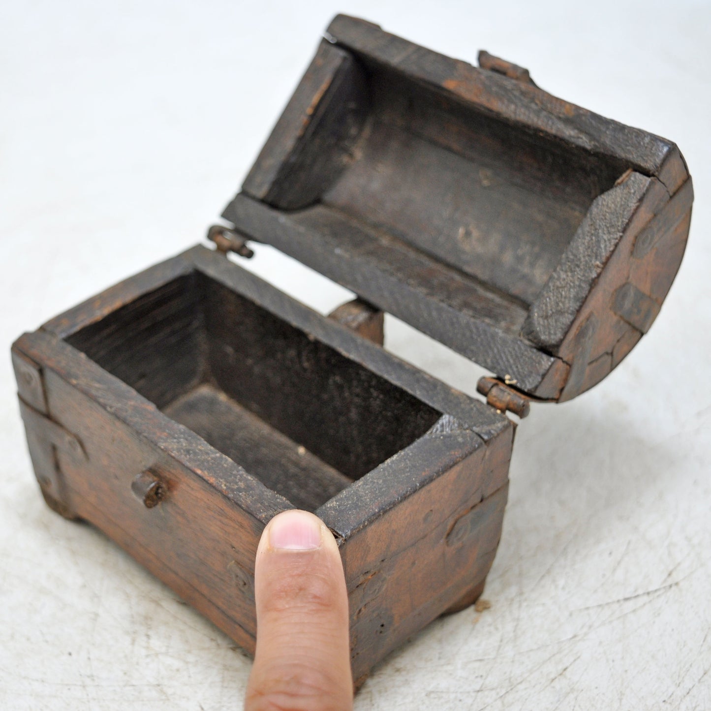 Vintage Wooden Half Round Top Storage Box Original Old Hand Crafted Metal Fitted