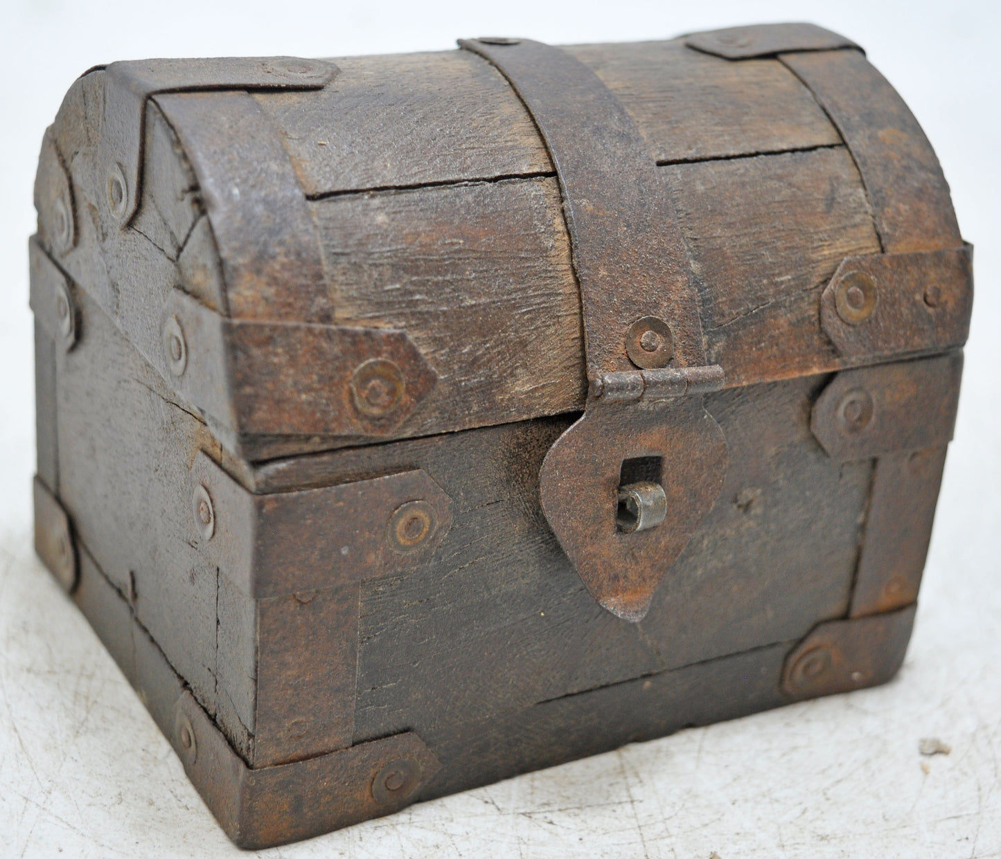 Vintage Wooden Half Round Top Storage Box Original Old Hand Crafted Metal Fitted