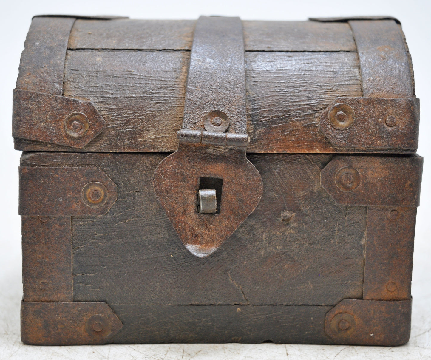Vintage Wooden Half Round Top Storage Box Original Old Hand Crafted Metal Fitted