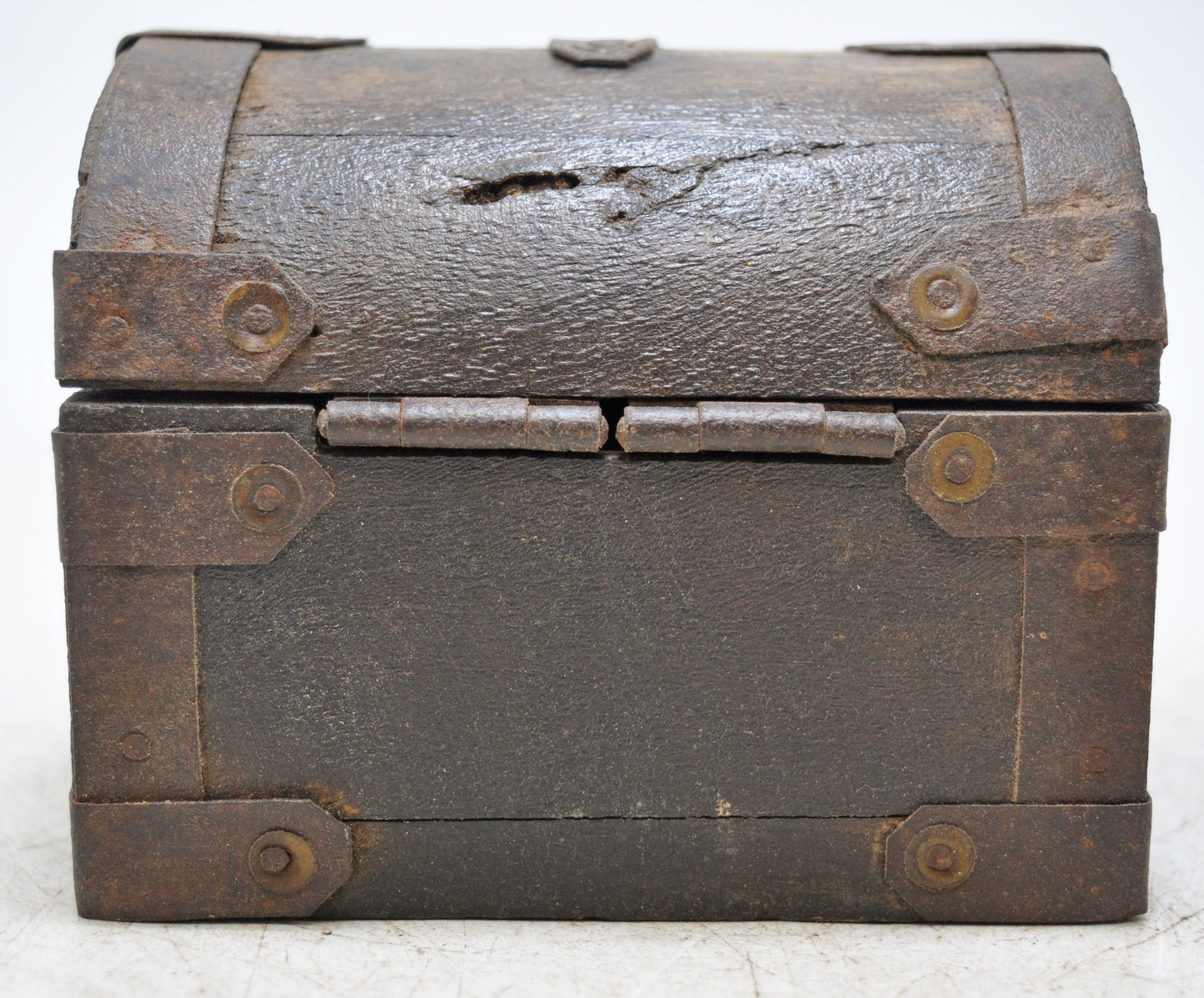 Vintage Wooden Half Round Top Storage Box Original Old Hand Crafted Metal Fitted