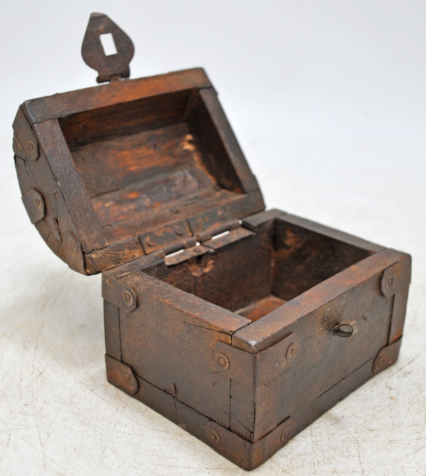 Vintage Wooden Half Round Top Storage Box Original Old Hand Crafted Metal Fitted