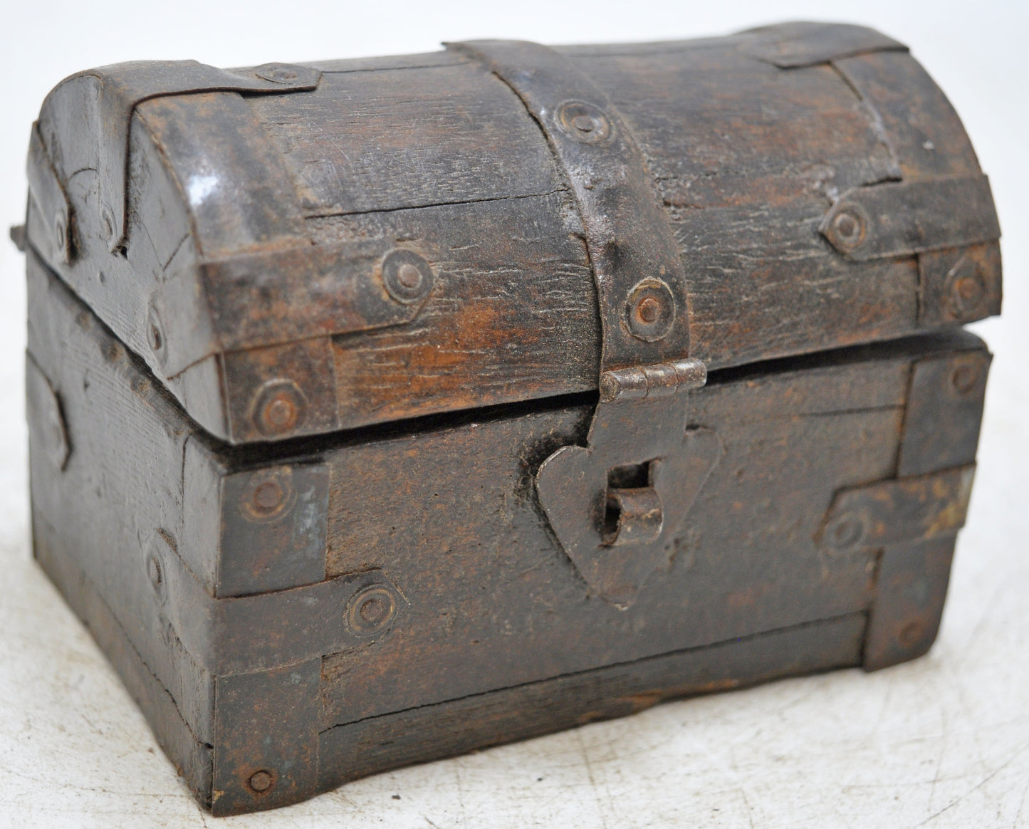 Vintage Wooden Half Round Top Storage Box Original Old Hand Crafted Metal Fitted