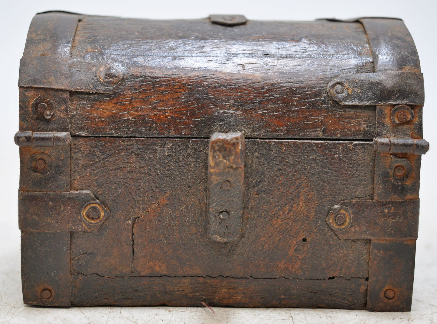 Vintage Wooden Half Round Top Storage Box Original Old Hand Crafted Metal Fitted