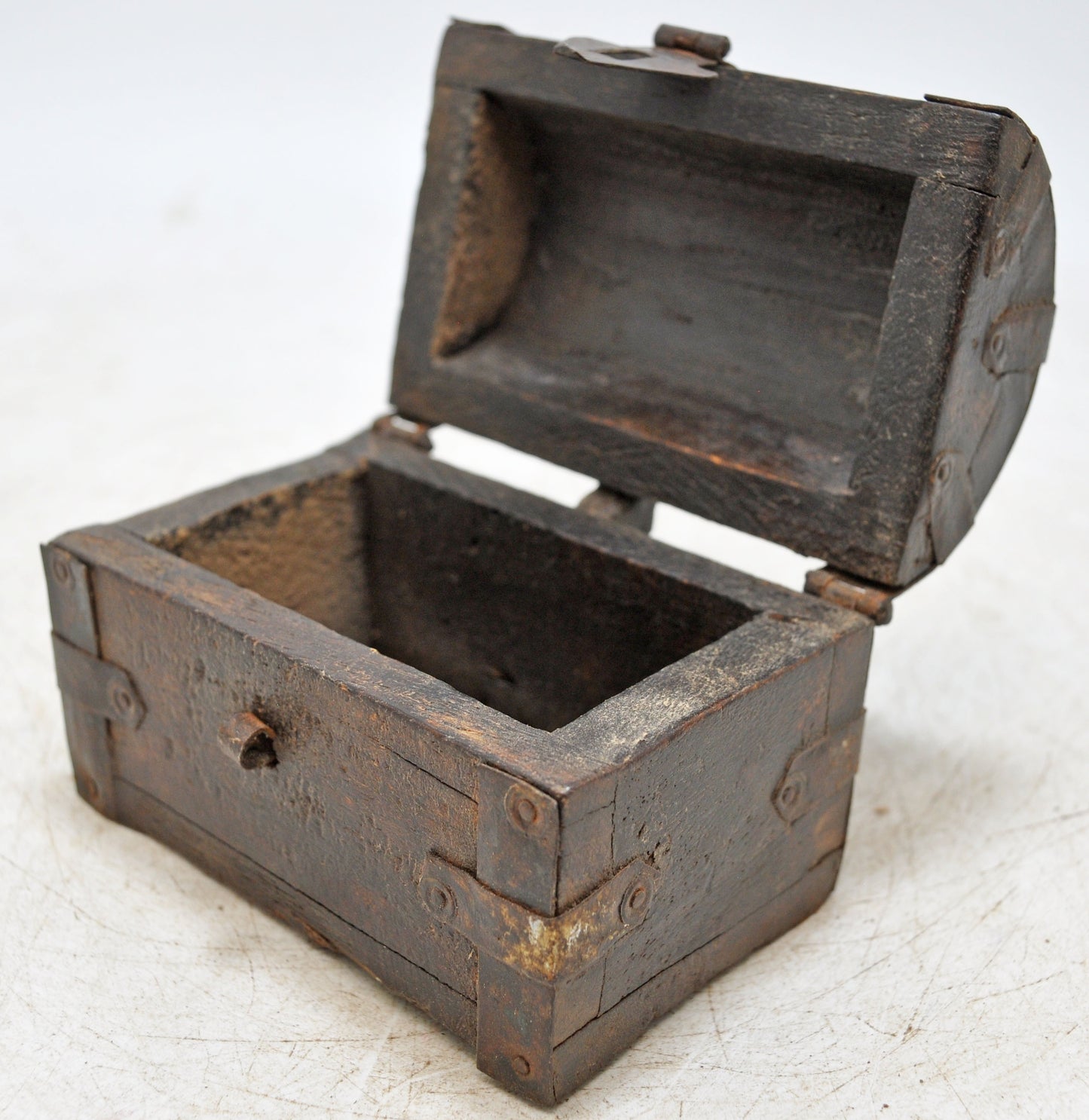 Vintage Wooden Half Round Top Storage Box Original Old Hand Crafted Metal Fitted