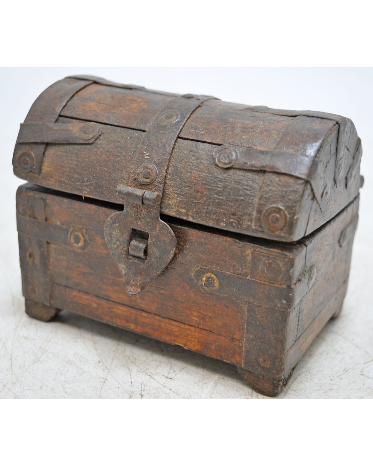 Vintage Wooden Half Round Top Storage Box Original Old Hand Crafted Metal Fitted