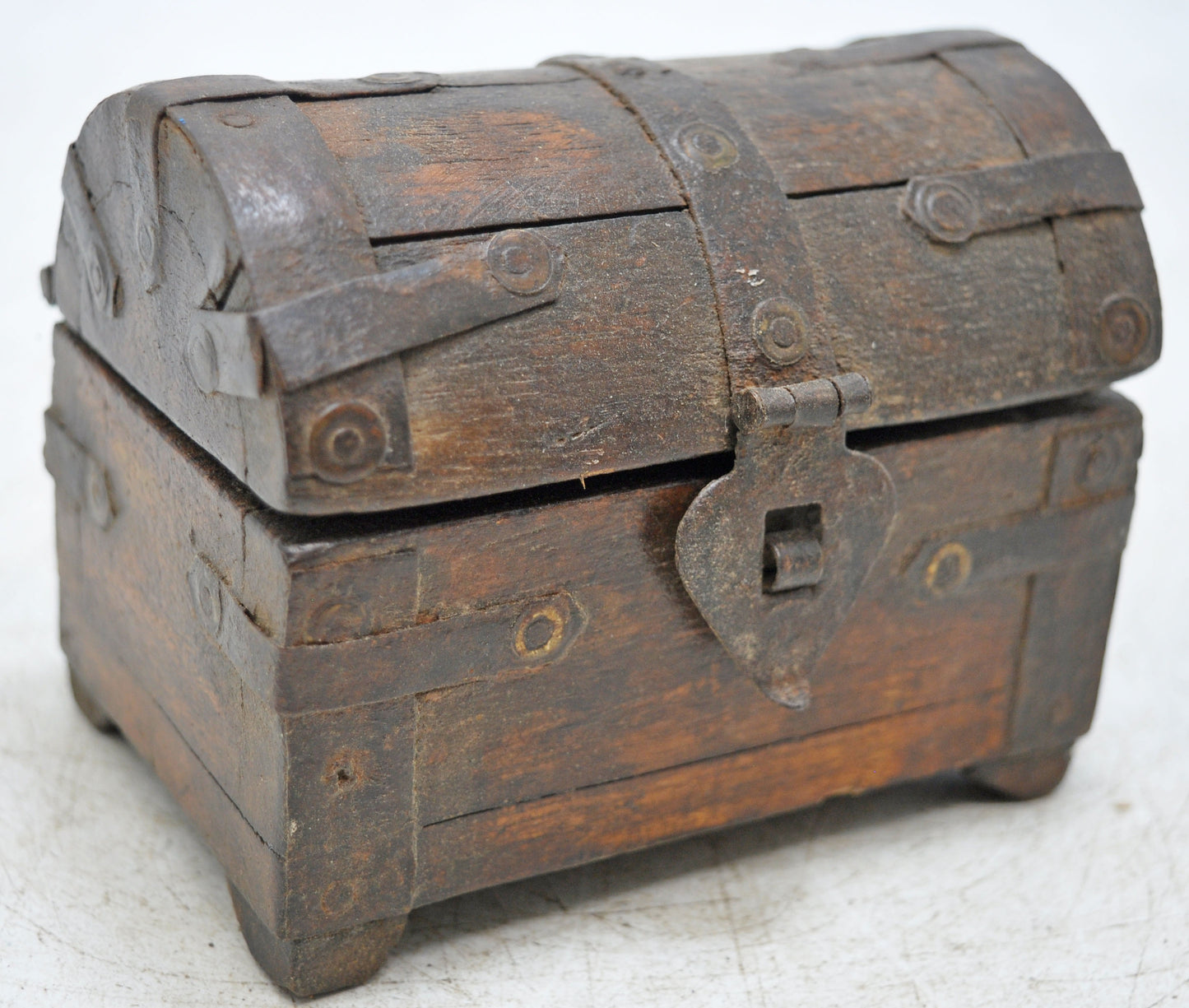 Vintage Wooden Half Round Top Storage Box Original Old Hand Crafted Metal Fitted