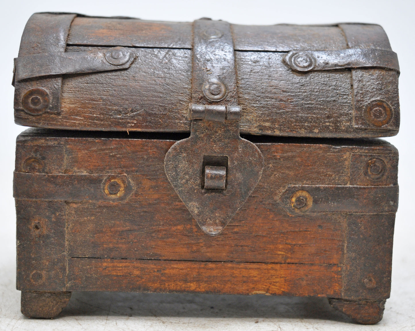 Vintage Wooden Half Round Top Storage Box Original Old Hand Crafted Metal Fitted