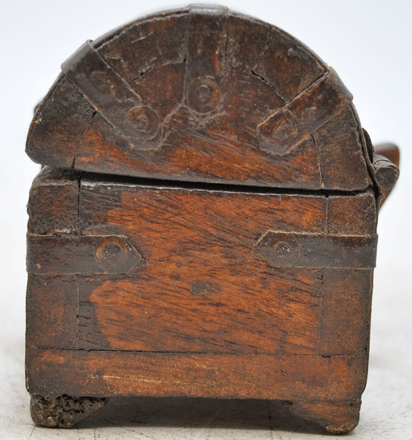 Vintage Wooden Half Round Top Storage Box Original Old Hand Crafted Metal Fitted