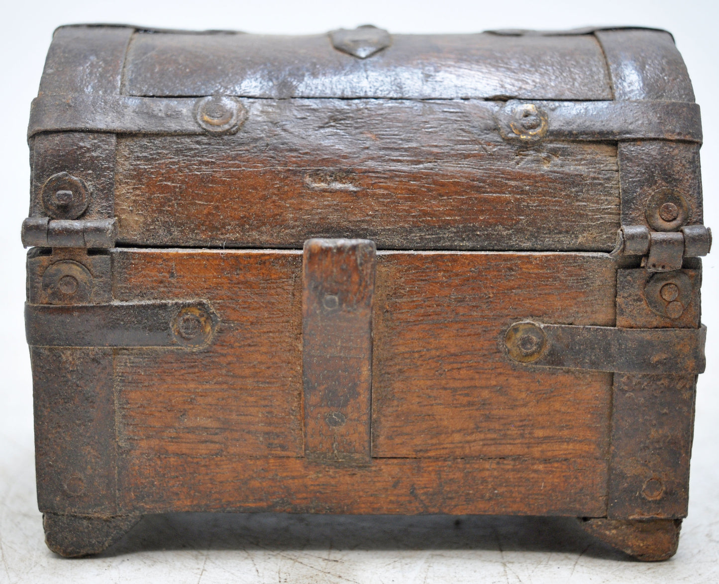 Vintage Wooden Half Round Top Storage Box Original Old Hand Crafted Metal Fitted