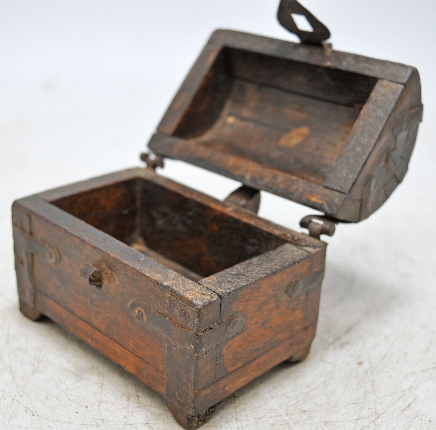 Vintage Wooden Half Round Top Storage Box Original Old Hand Crafted Metal Fitted