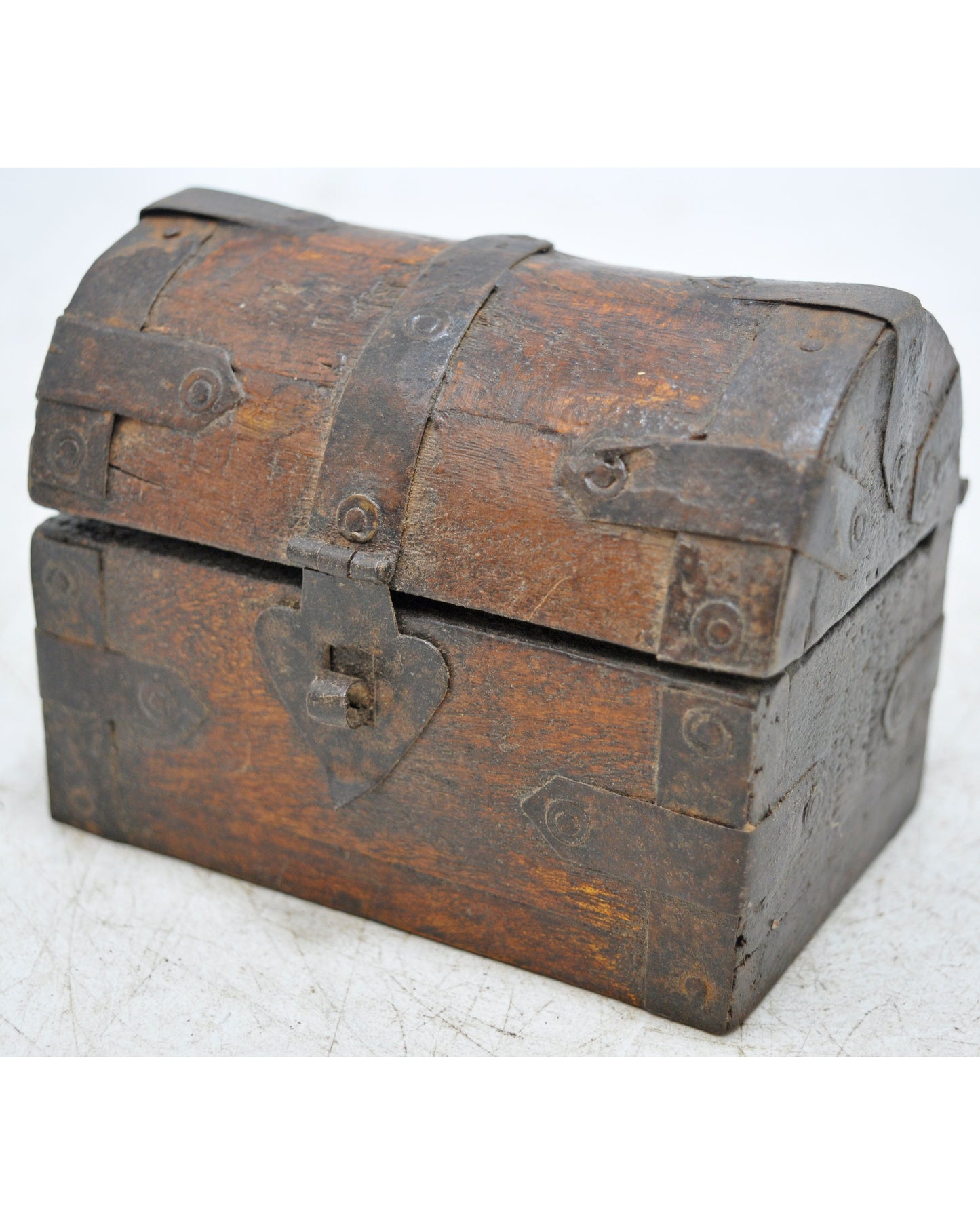 Vintage Wooden Half Round Top Storage Box Original Old Hand Crafted Metal Fitted