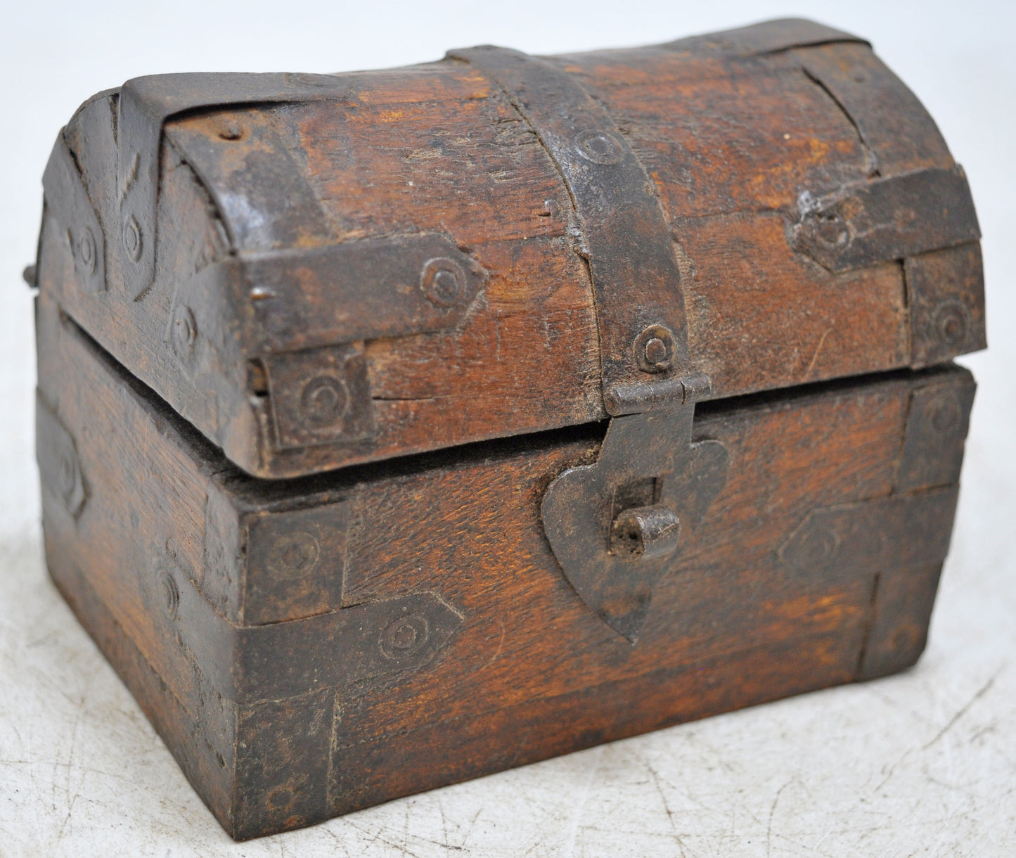 Vintage Wooden Half Round Top Storage Box Original Old Hand Crafted Metal Fitted