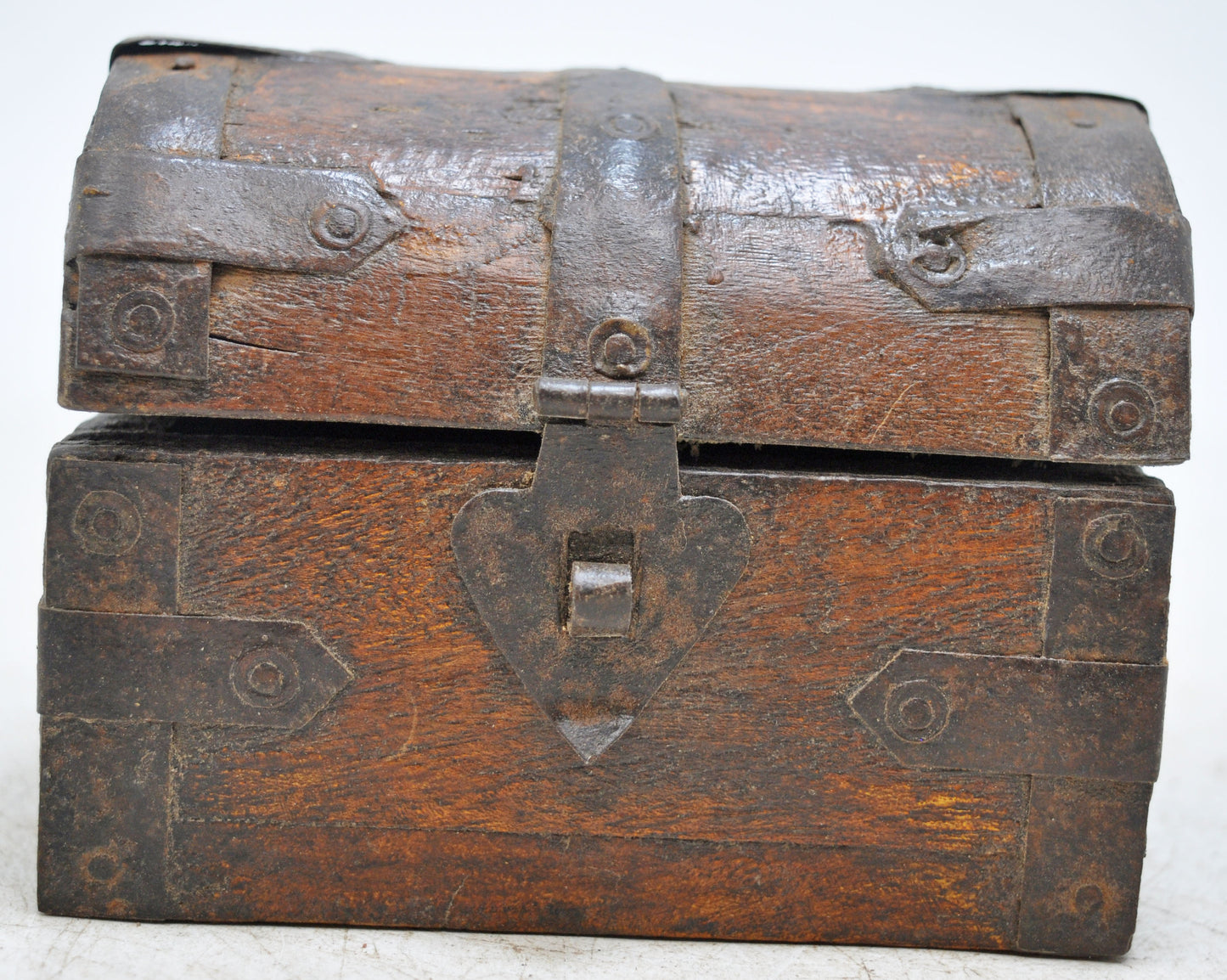 Vintage Wooden Half Round Top Storage Box Original Old Hand Crafted Metal Fitted