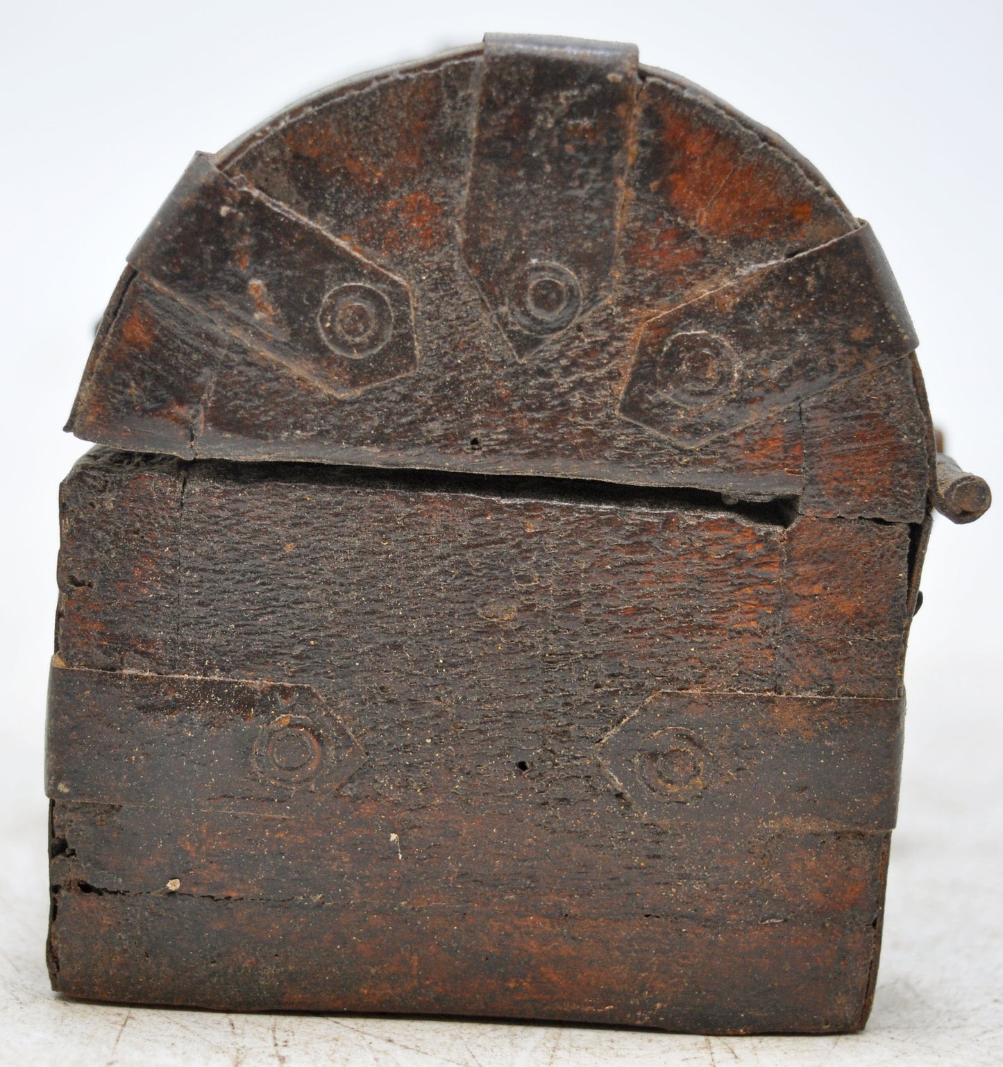 Vintage Wooden Half Round Top Storage Box Original Old Hand Crafted Metal Fitted