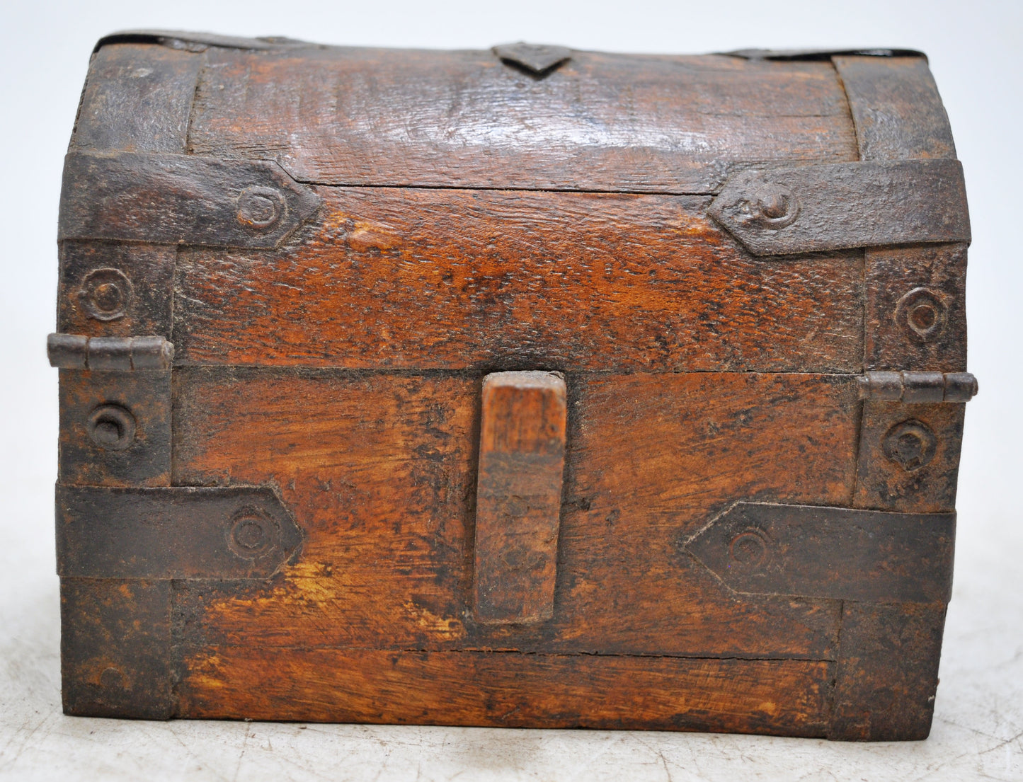 Vintage Wooden Half Round Top Storage Box Original Old Hand Crafted Metal Fitted