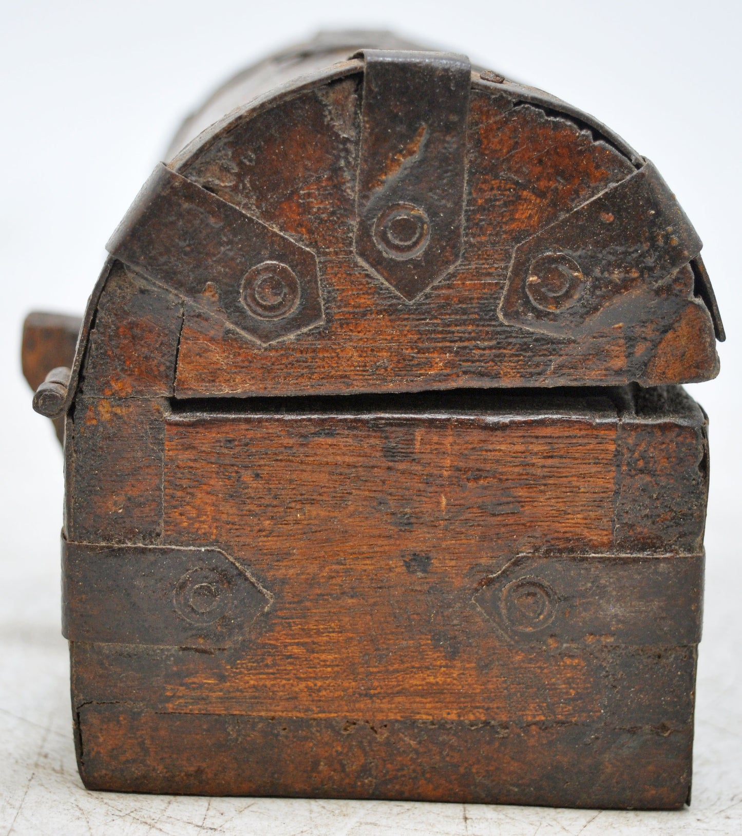 Vintage Wooden Half Round Top Storage Box Original Old Hand Crafted Metal Fitted