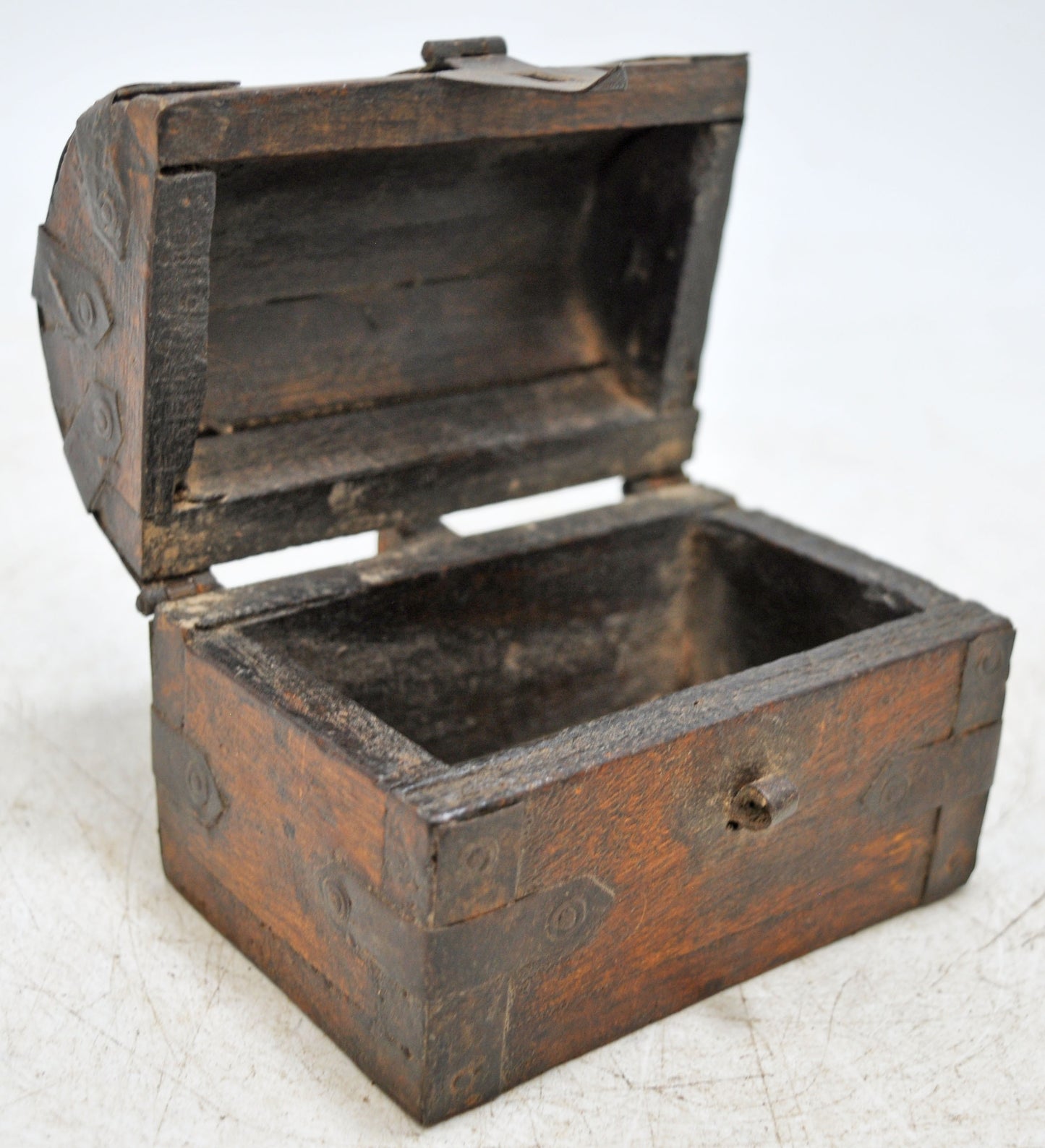 Vintage Wooden Half Round Top Storage Box Original Old Hand Crafted Metal Fitted