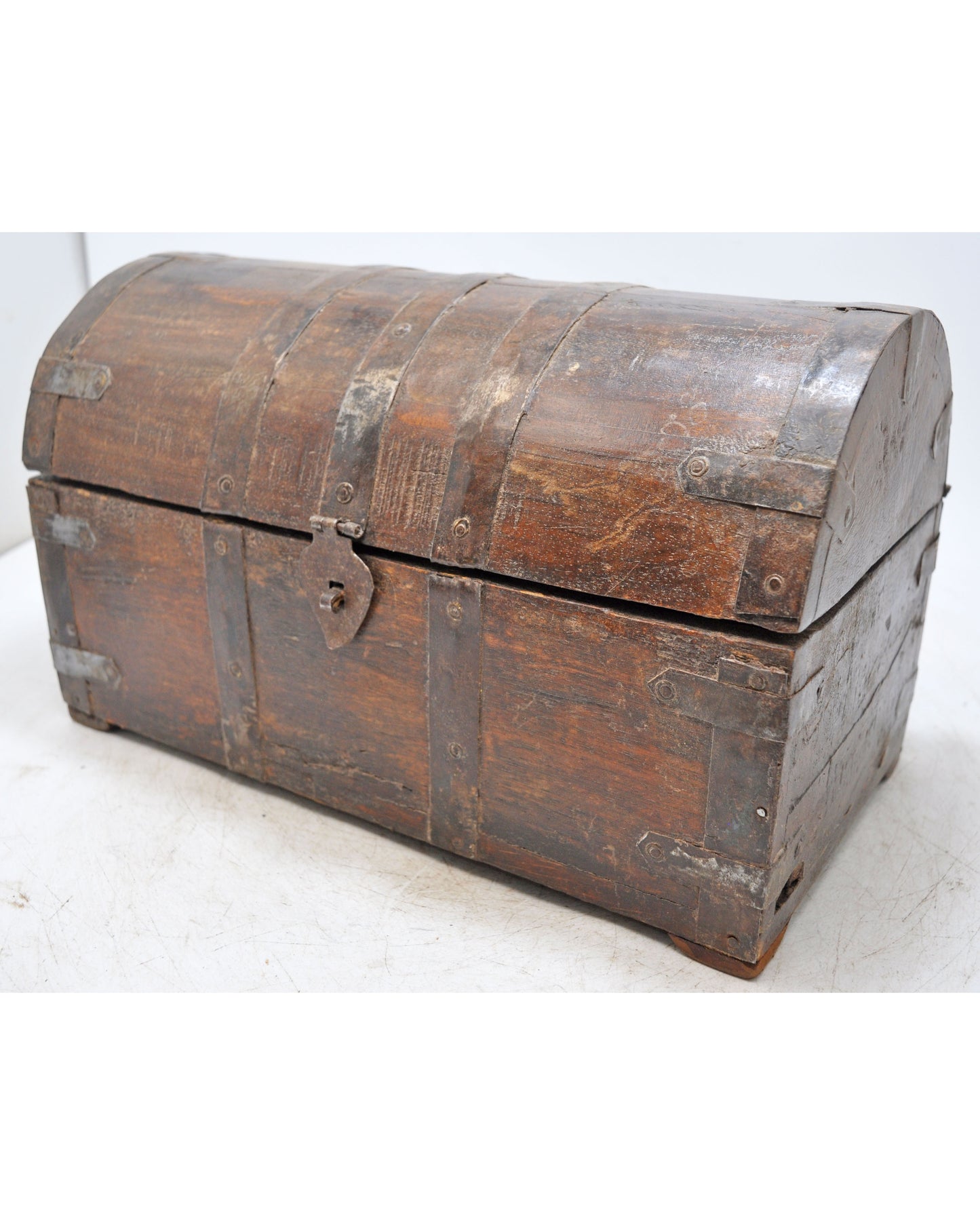 Vintage Wooden Half Round Top Storage Box Original Old Hand Crafted Metal Fitted