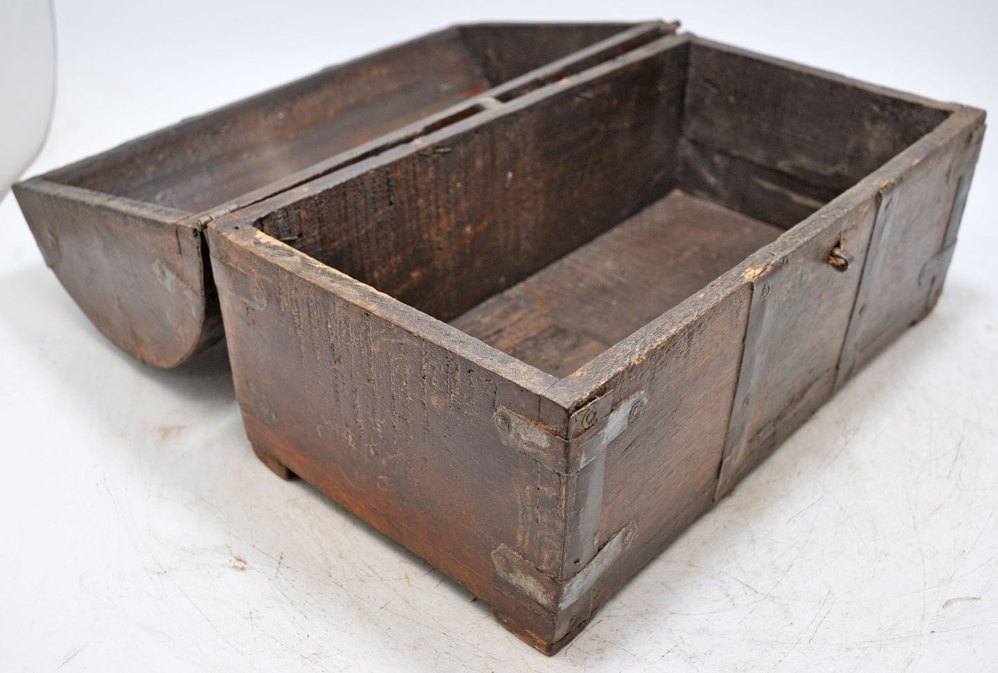 Vintage Wooden Half Round Top Storage Box Original Old Hand Crafted Metal Fitted