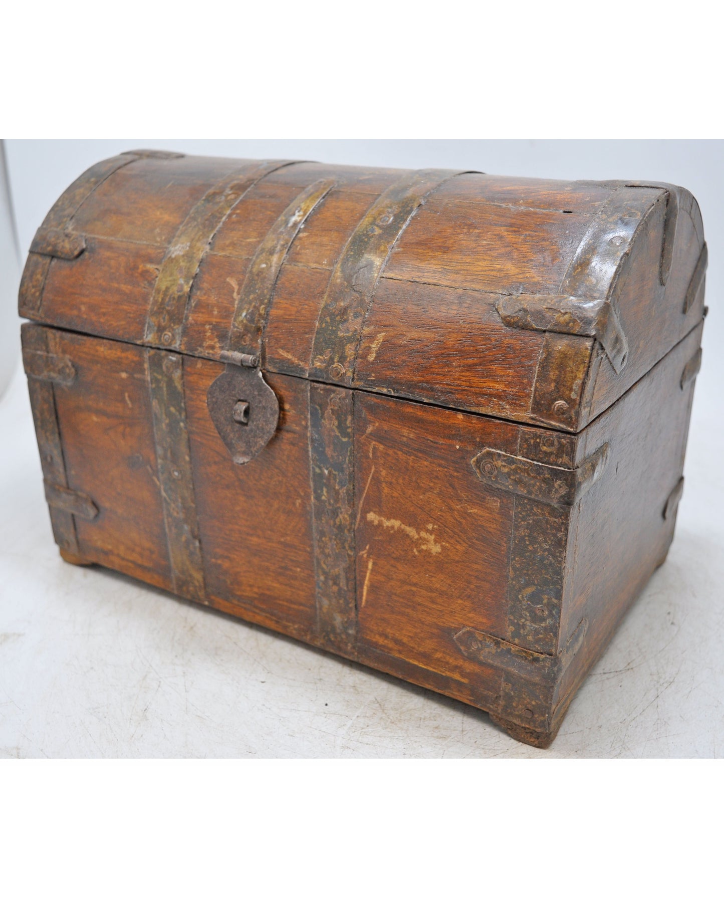 Vintage Wooden Half Round Top Storage Box Original Old Hand Crafted Metal Fitted