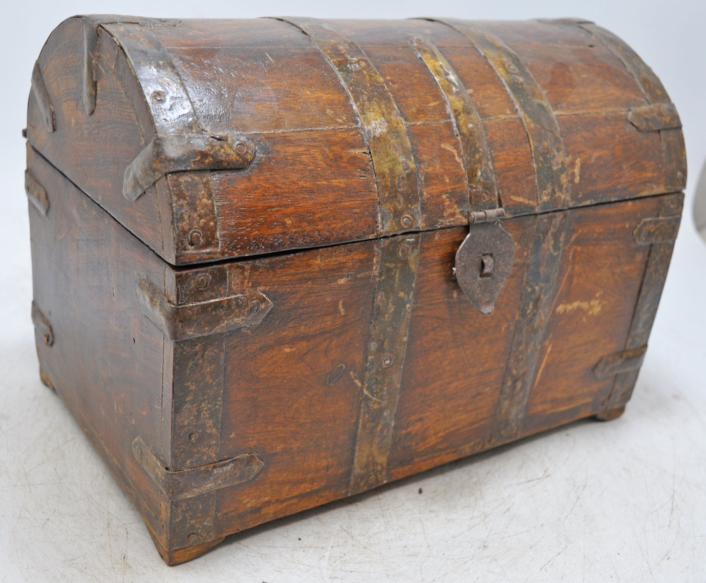 Vintage Wooden Half Round Top Storage Box Original Old Hand Crafted Metal Fitted