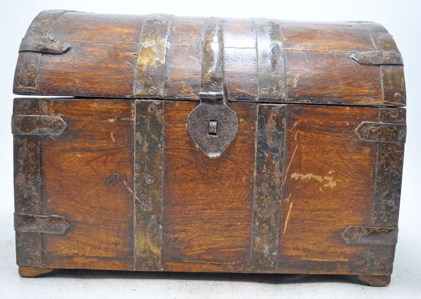 Vintage Wooden Half Round Top Storage Box Original Old Hand Crafted Metal Fitted