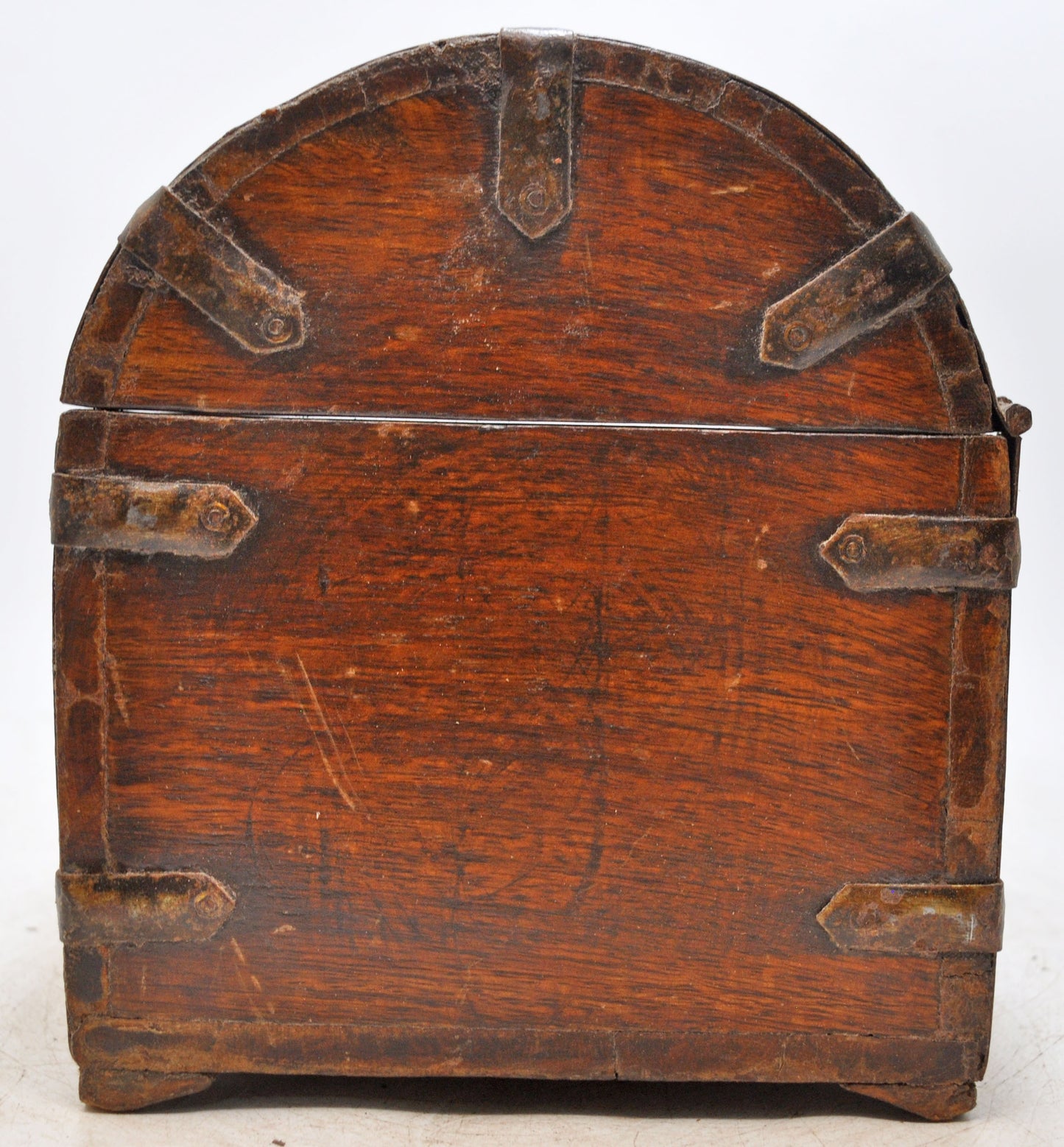 Vintage Wooden Half Round Top Storage Box Original Old Hand Crafted Metal Fitted